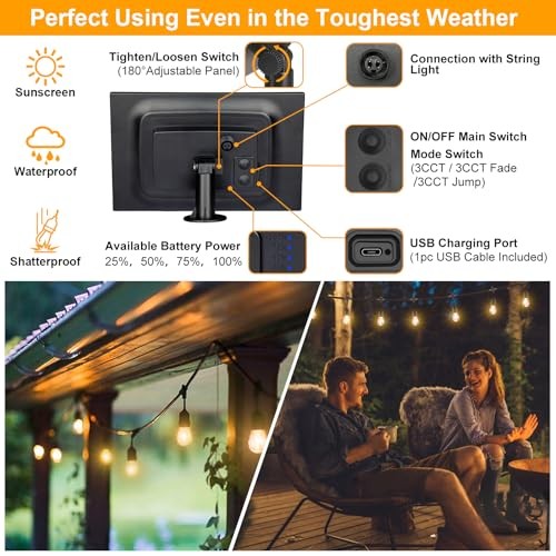 3-Color in 1 Solar String Lights Outdoor Waterproof Dimmable, 48ft 48FT Black