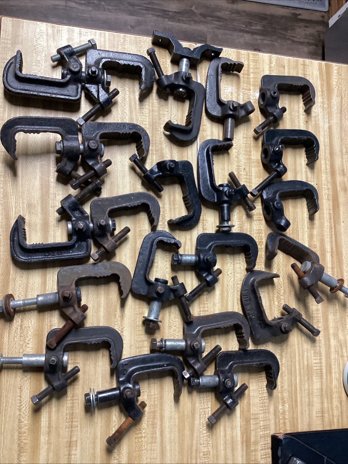 Lot of 22 Used Cast Iron Stage Lighting C-Clamps Pipe Clamps - For PARTS