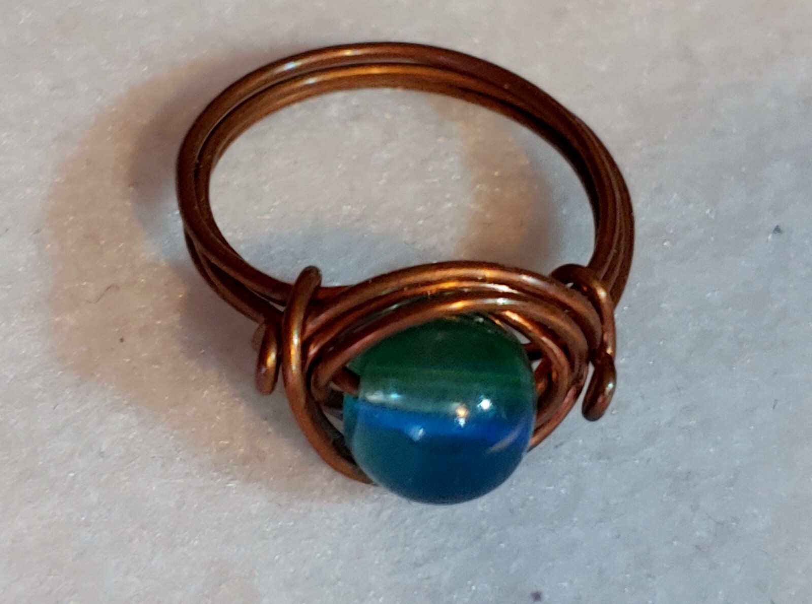 Ring ~ Copper Wire Wrap ~ Blue/Green Glass Bead  ~ Size  5