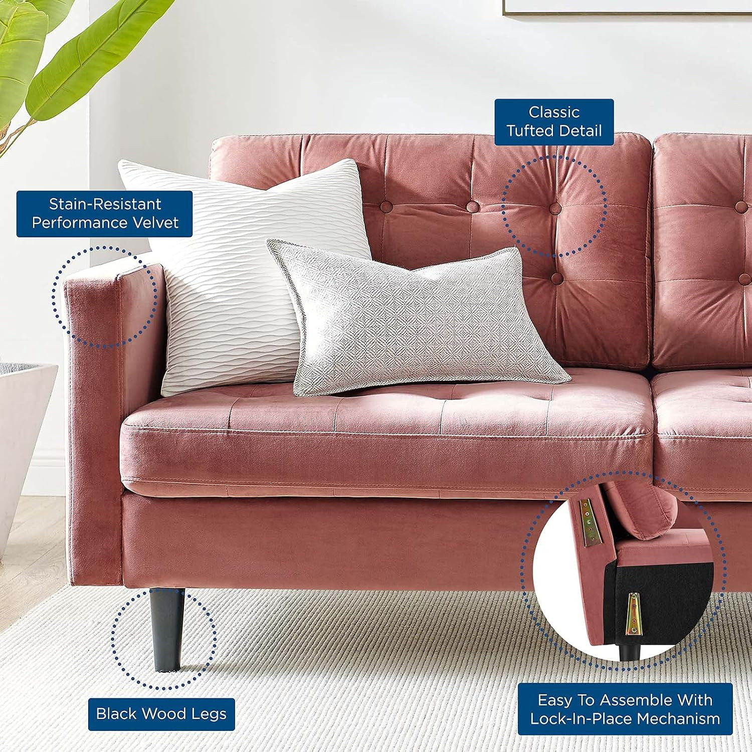 EEI-4444-DUS Exalt Tufted Performance Velvet Sofa, Dusty Rose