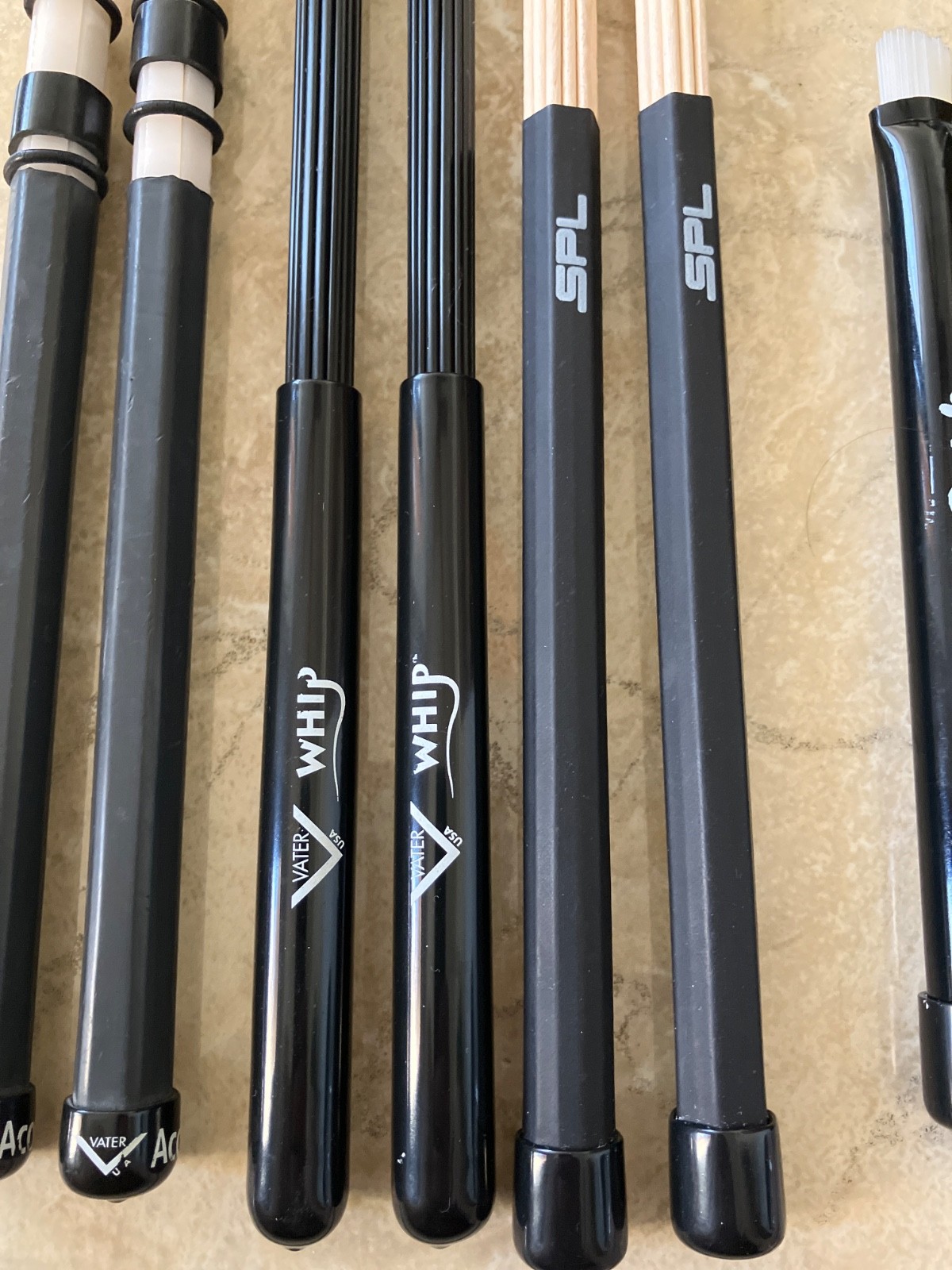 Lot of drum Vater Wire Tap, PolyBrush , whip, Acoustick, and SPL bamboo sticks