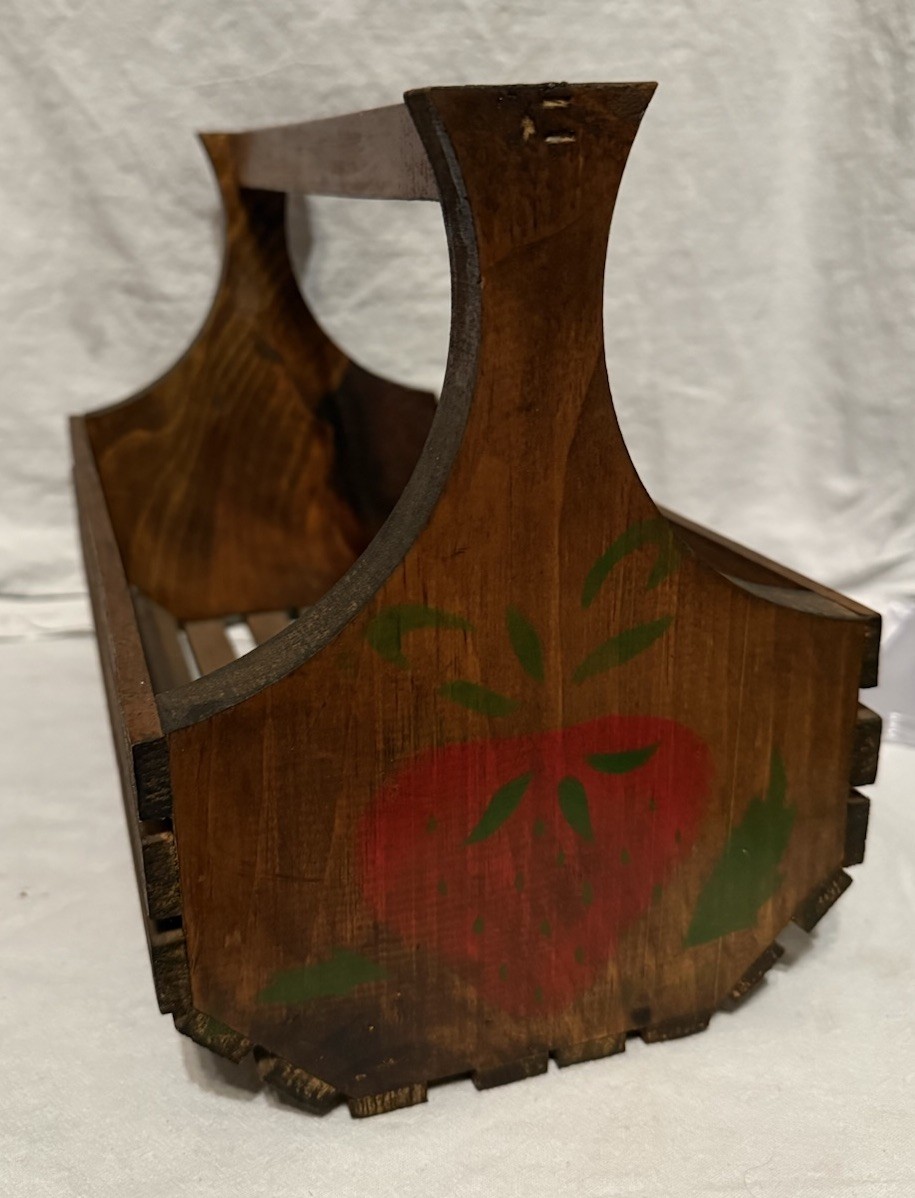 Cute! Vintage Hand Made & Painted Handled Wooden Basket Strawberry Caddy 13”