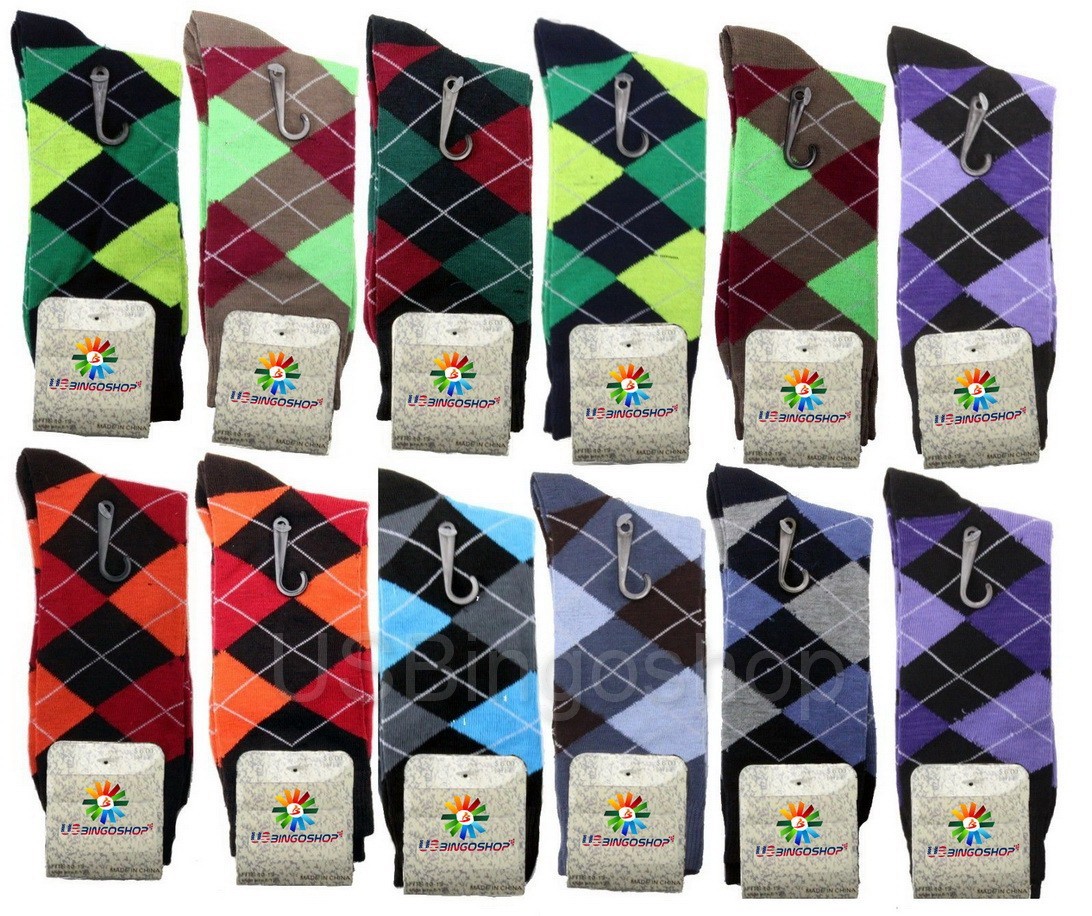 12 Pairs New Cotton Men Argyle Diamond Style Dress Socks Size 10-13 Multi Color