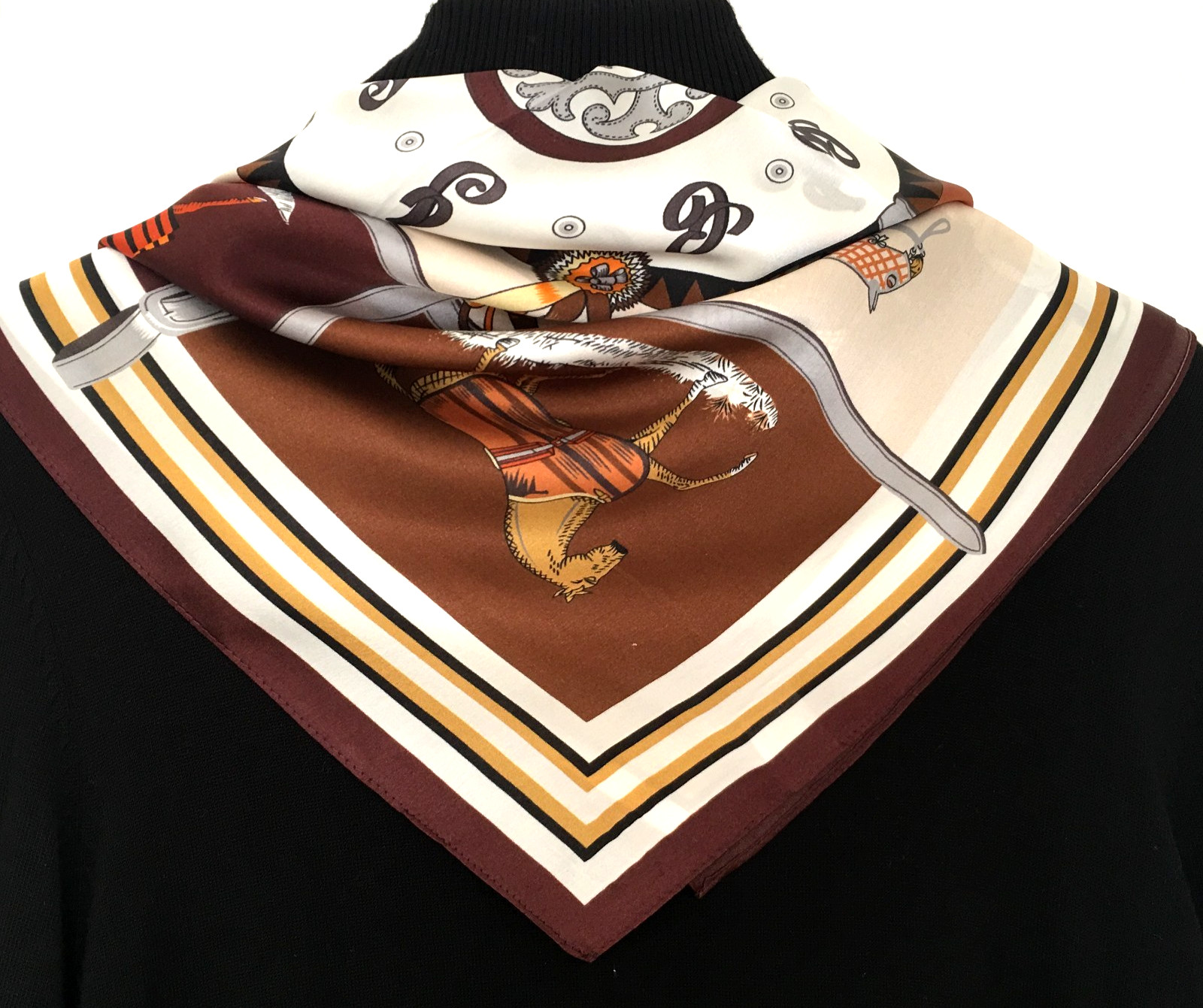 26"X26"Brown Horses Print Pure Mulberry Satin Silk12momme Scarf 65x65cm5-87
