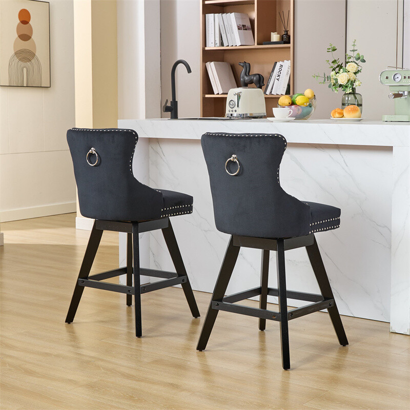 Set of 2 Swivel Velvet Barstools w/Button Tufted Decoration & Wooden Legs Black