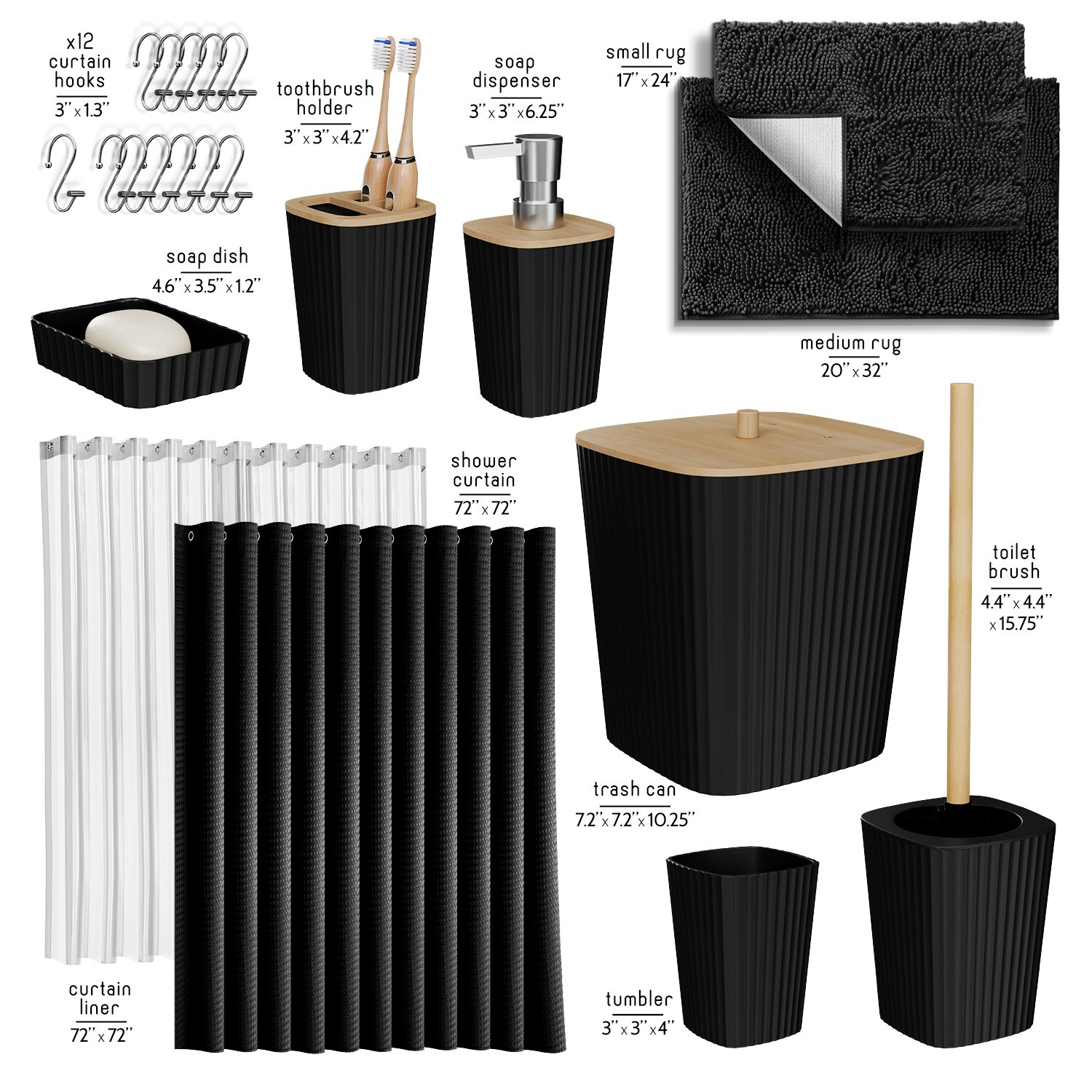 20PC Bamboo Bathroom Accessory Set - Complete Bathroom Accessory Set & Bath Rugs