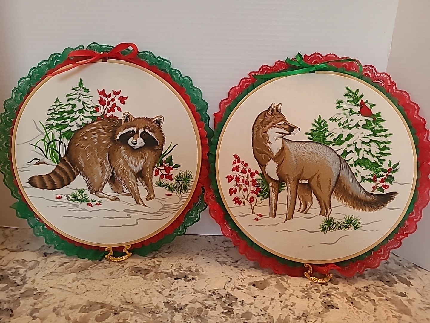 Vintage Christmas Fox & Raccoon Embroidery Hoop  Stamped Fabric Needlepoint 10"