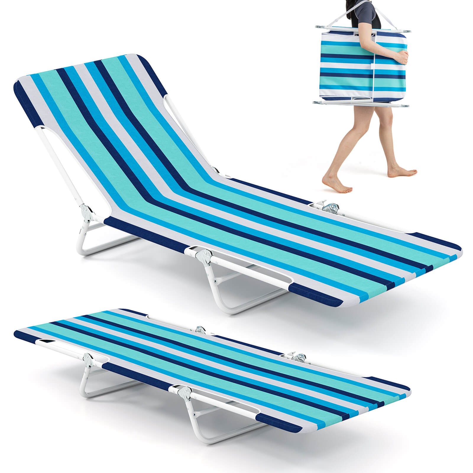 2PCS Outdoor Folding Chaise Lounge w/Carry Strap, Metal Frame for Patio Poolside