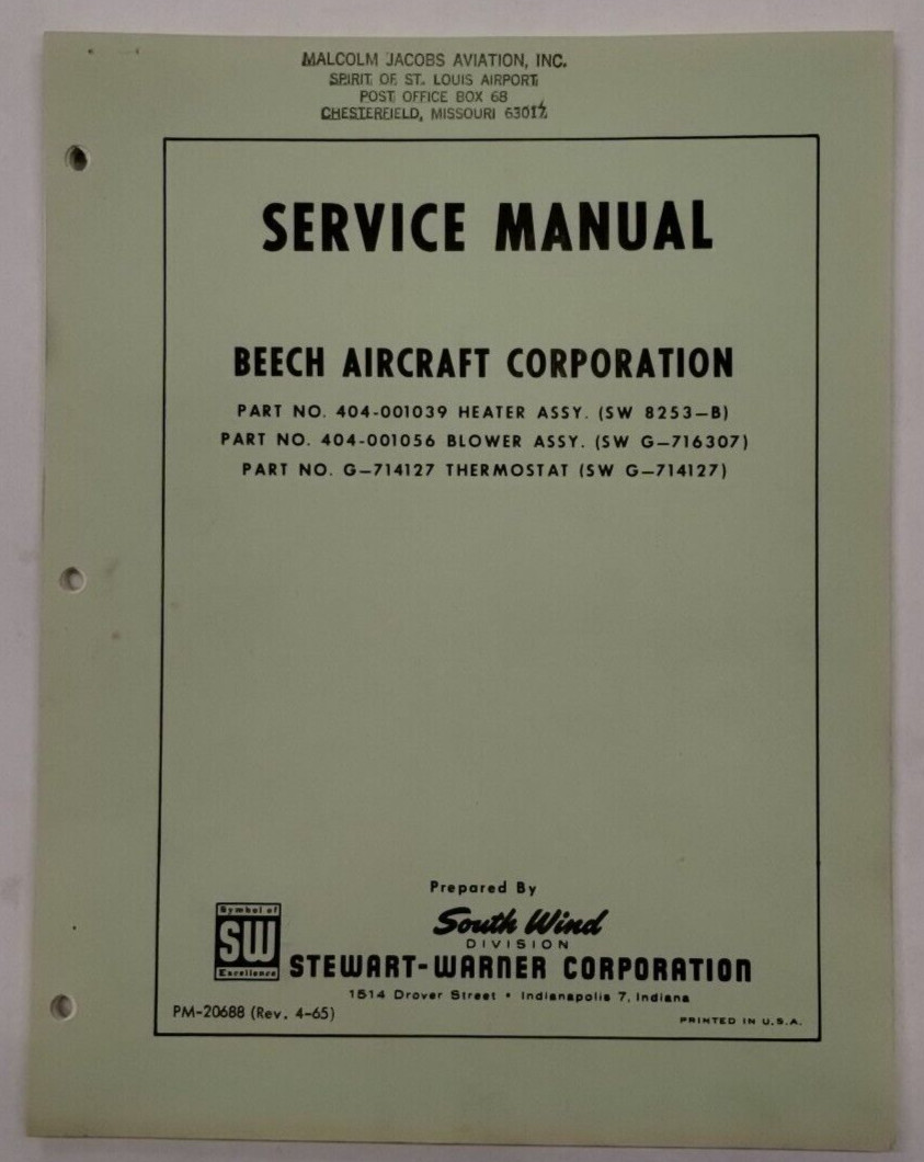 South Wind Beech Aircraft Corp. Heater/Blower Assembly Thermostat Service Manual