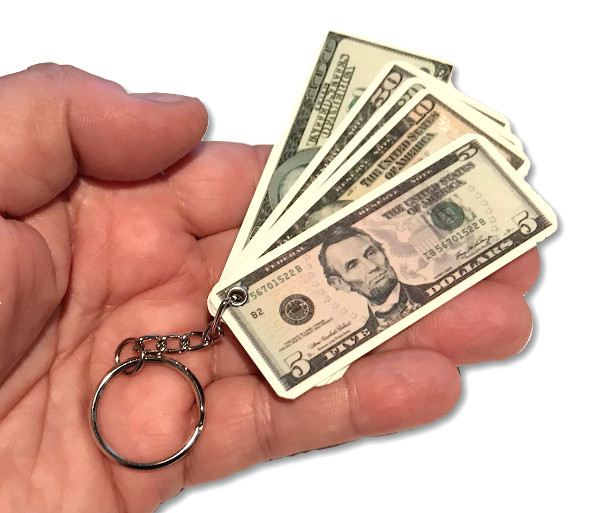 MONEY KEY RING CHAIN KEYCHAIN Joke Dollar Bills Plastic Cash $5. $10. $20. $50.