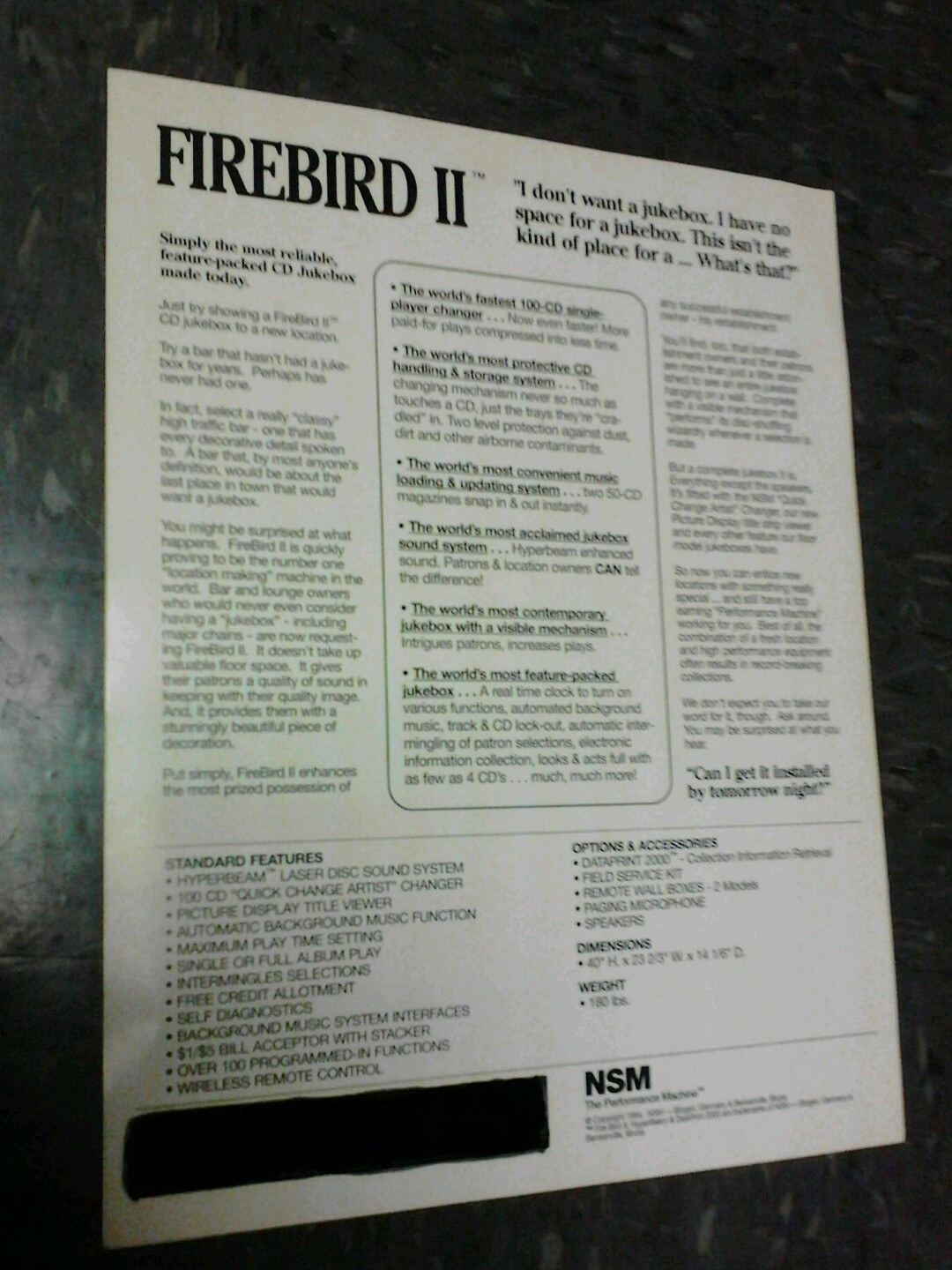 NSM FIREBIRD 2 HYPERBEAM CD JUXEBOX flyer- good original