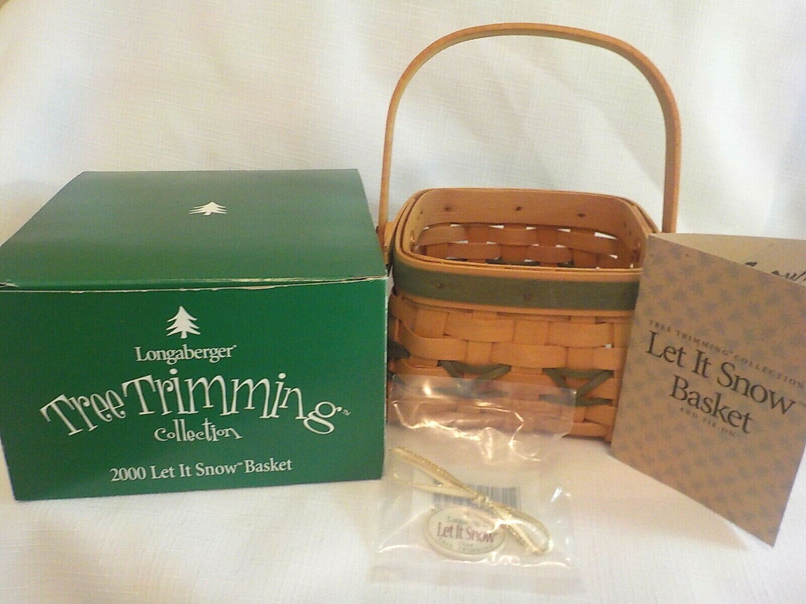 Longaberger Basket Tree Trimming Collection 2000 Green Let It Snow in Box Tie-On