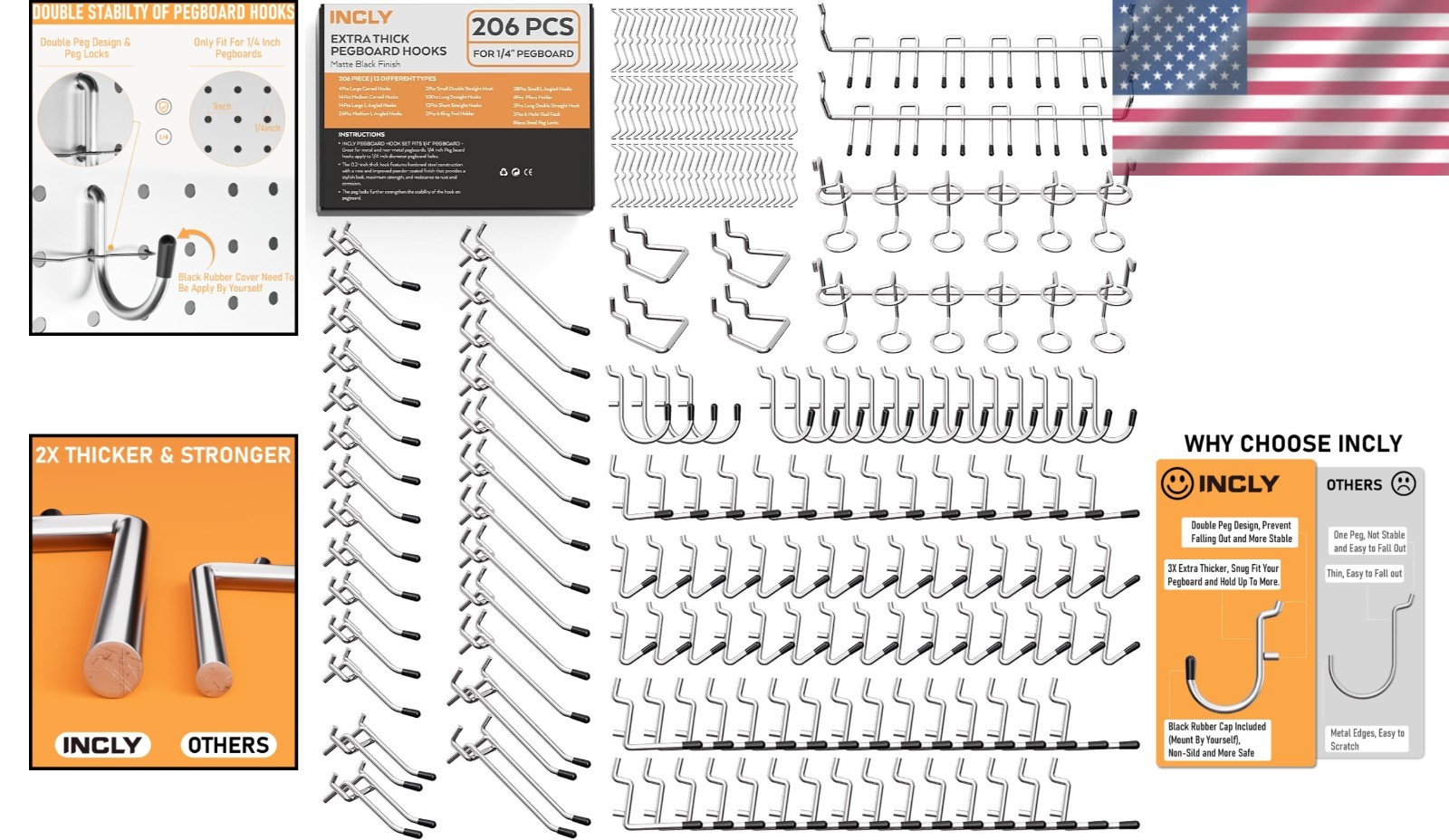 206-Piece Heavy-Duty Chrome Pegboard Hooks Set for Efficient Tool Organization