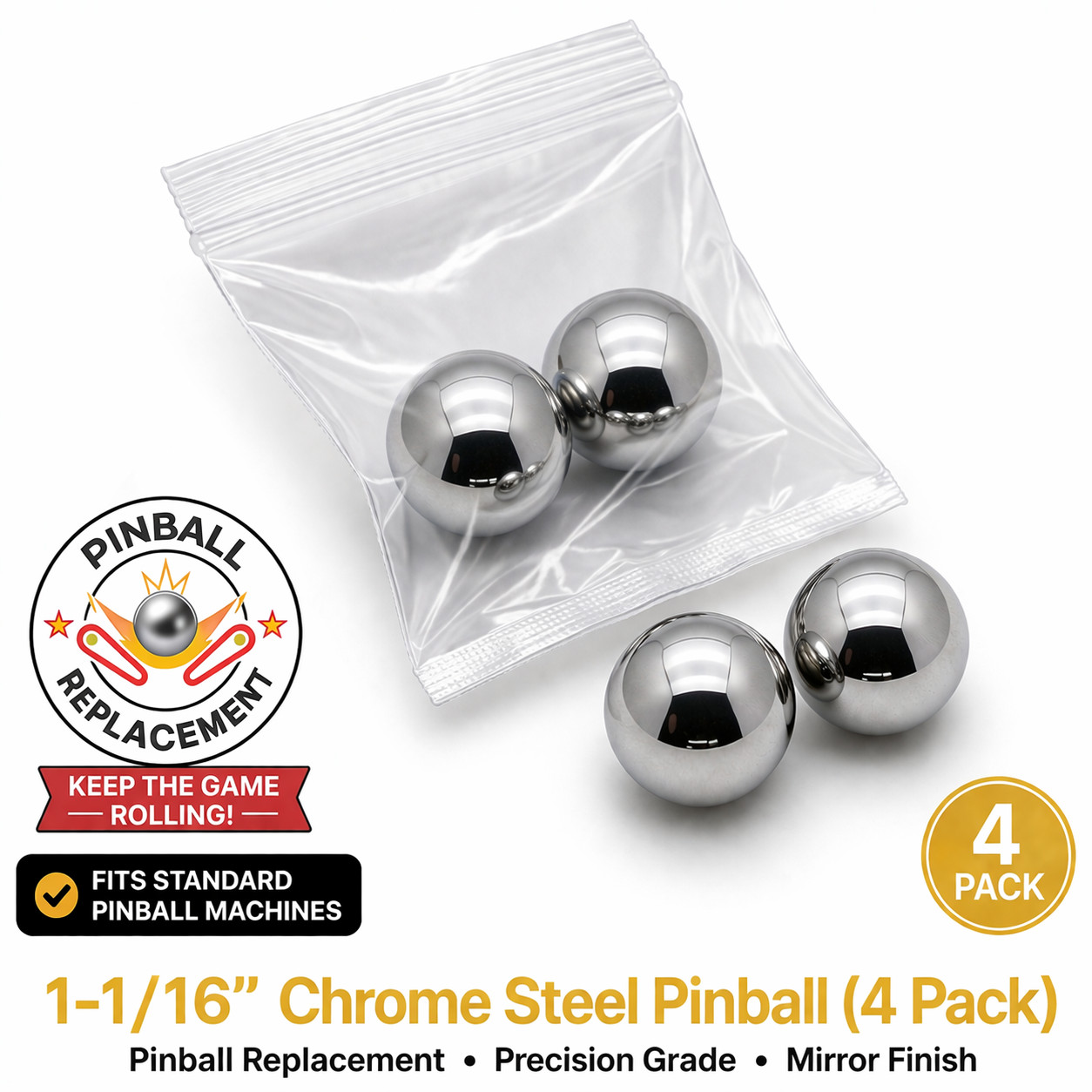 4 Pack 1-1/16" Inch Chrome Steel Replacement Pinball Machine Ball (BC Precision)