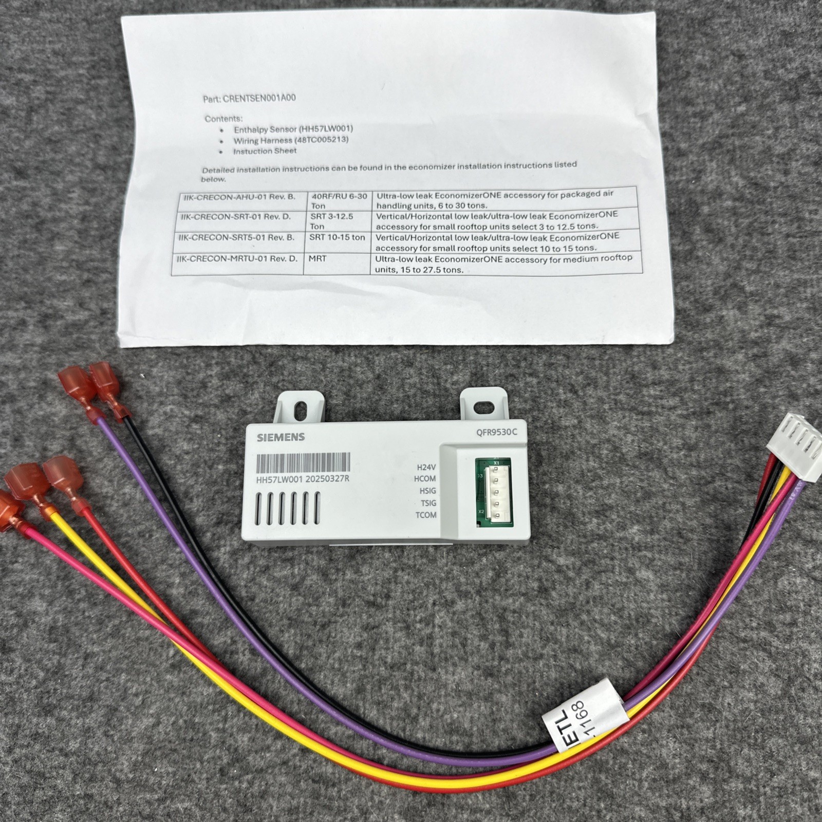 Siemens QFR9530C Enthalpy Humidity + Temp Duct Sensor CRENTSEN001A00 w/ Cables