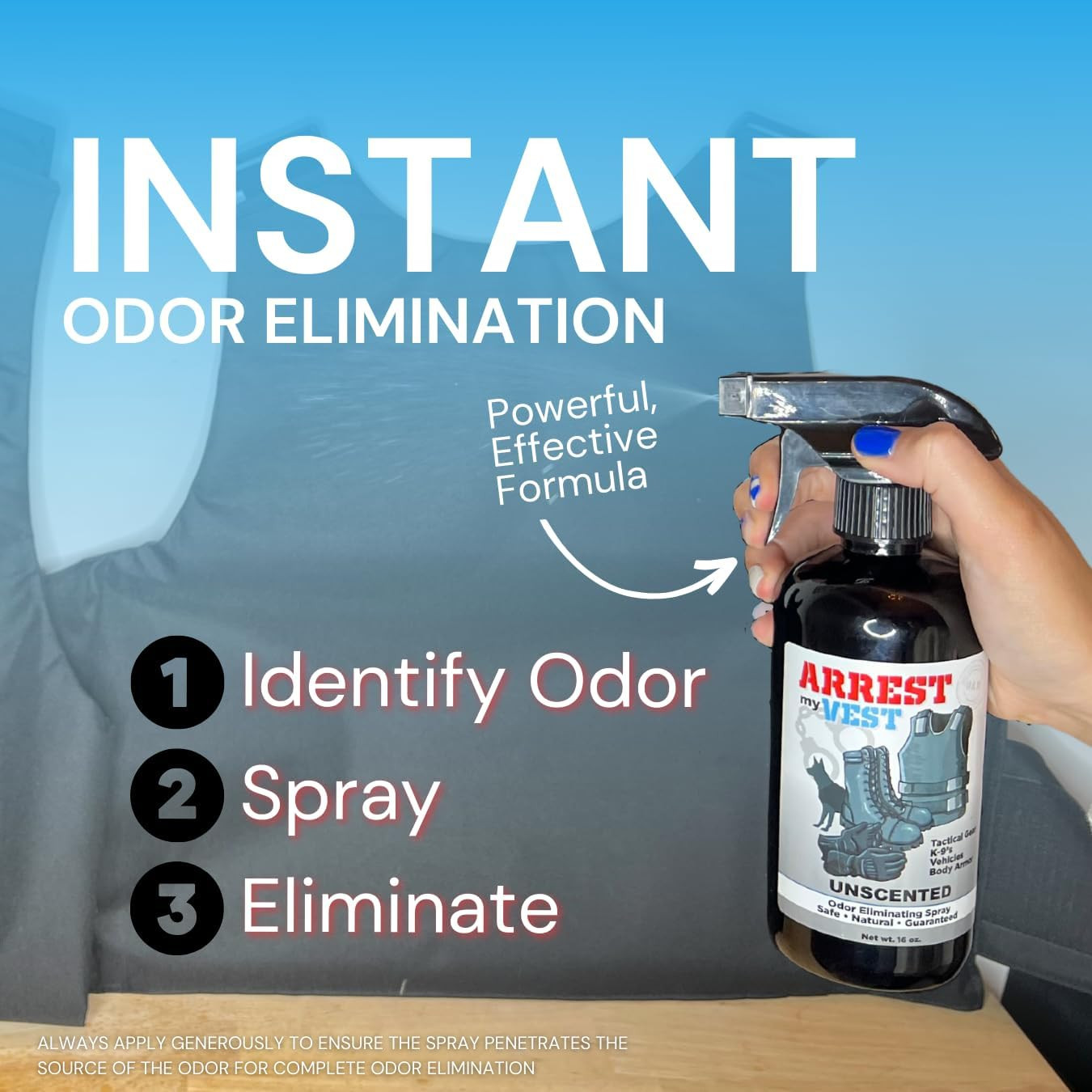 Military and Police Grade Odor Eliminating Spray for Body Armor, Tactical Gear.