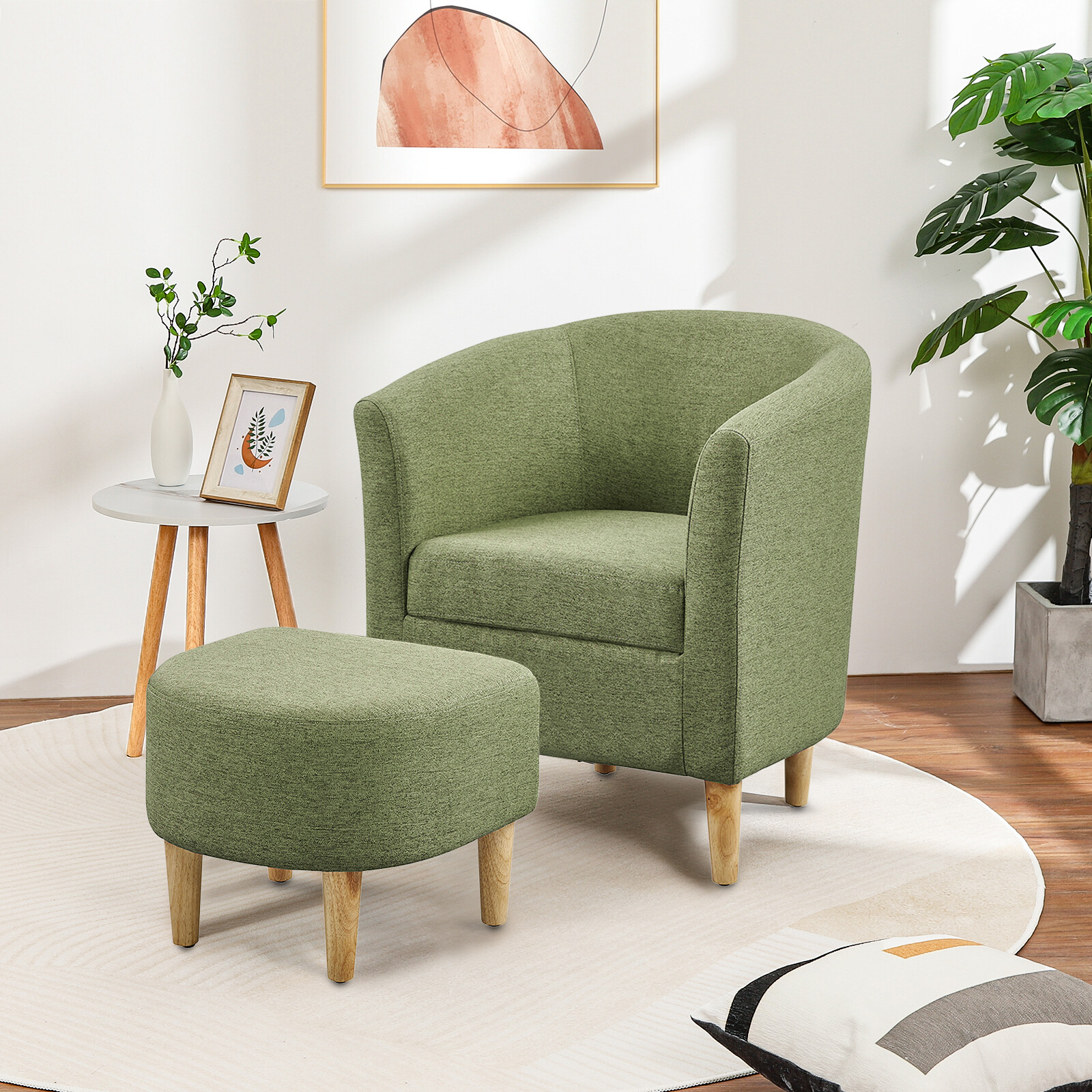 Modern Single Sofa Accent Arm Chair w/ Ottoman Linen Fabric Comfy Upholstered