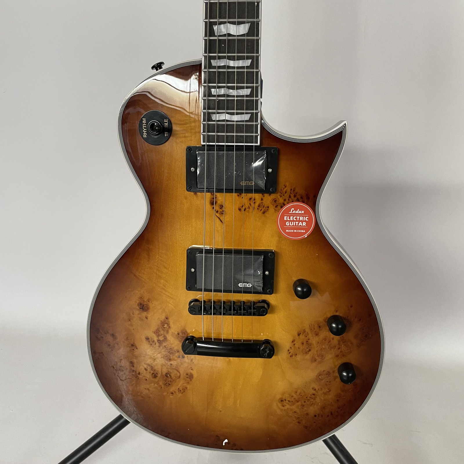 Cutaway Solid Electric Guitar Active Pickups Burl Maple Sunburst Black Hardware
