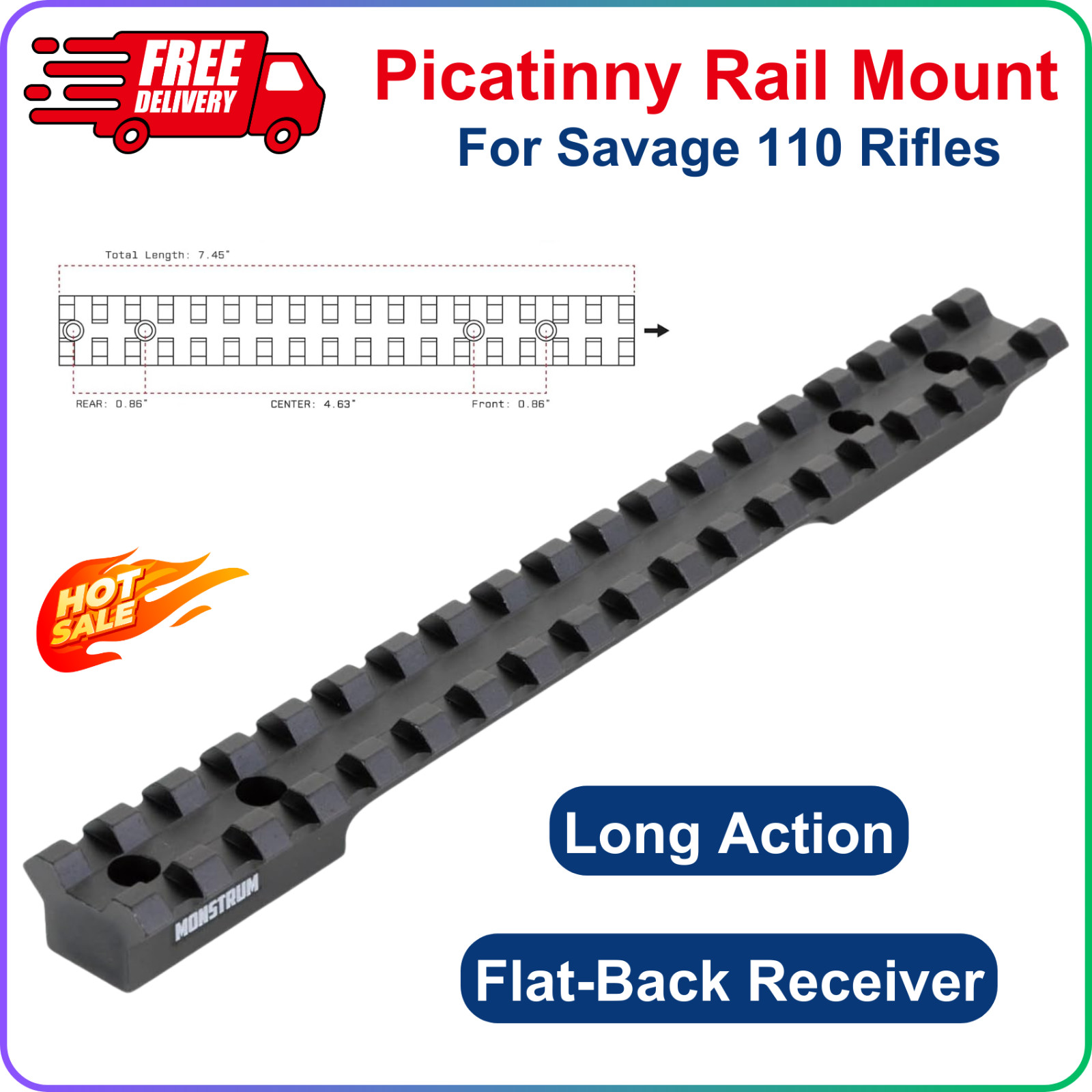 Scope Mount Picatinny Rail for Savage 110 Long Action, Flat Back Receiver 0 MOA
