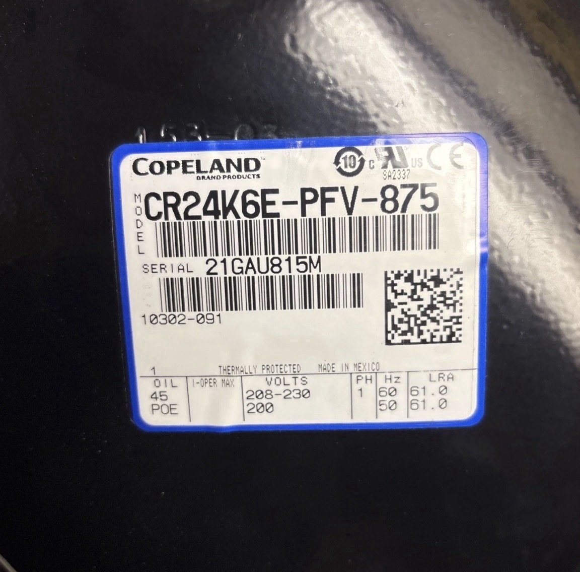 Copeland CR24K6E-PFV-875 Hermetic Compressor A/C R22 24K 45/130 MT R22 New HMD0
