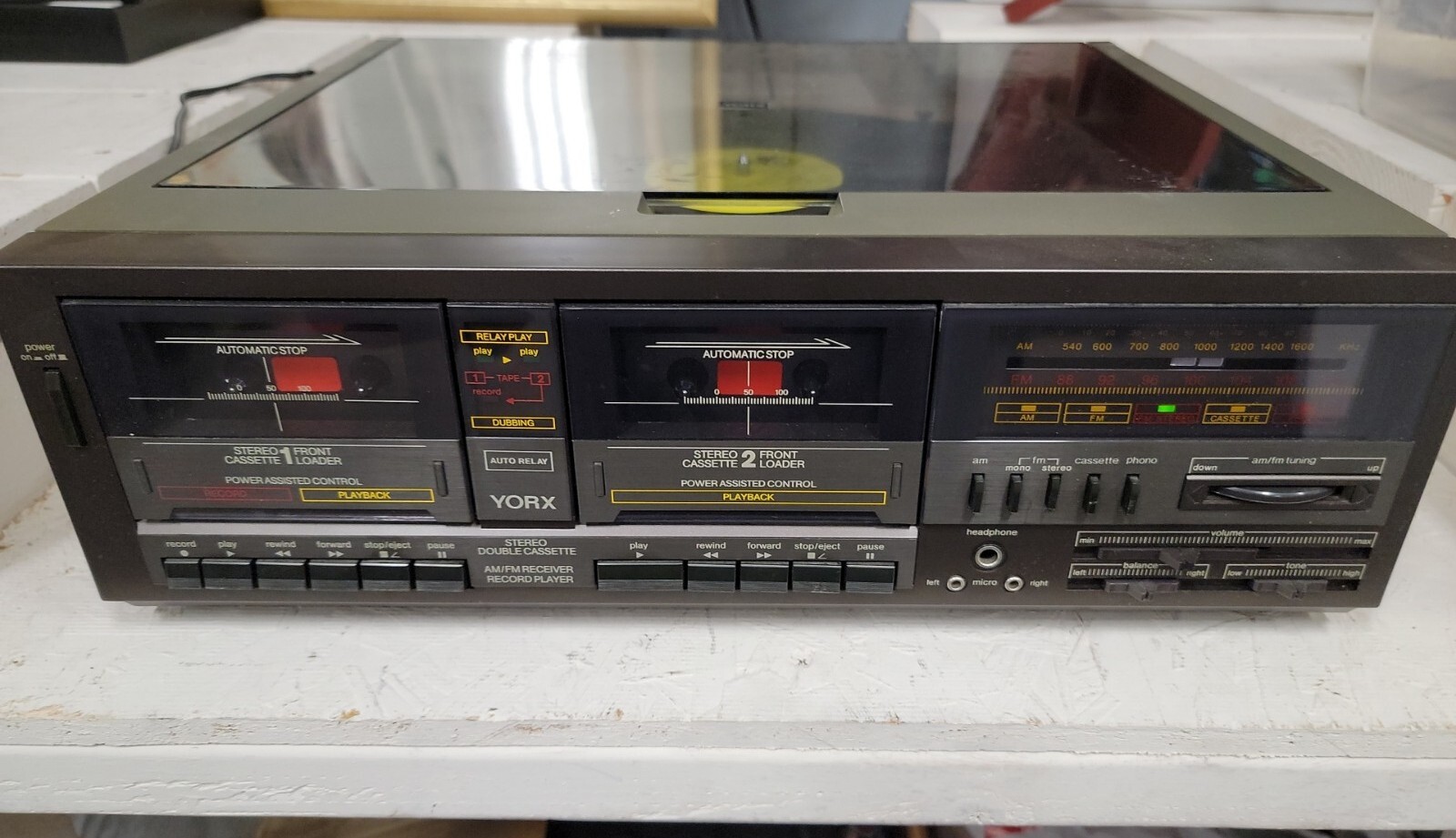 Yorx Stereo Double Cassette AM/FM Receiver Record Player Vintage m2677 Powers Up