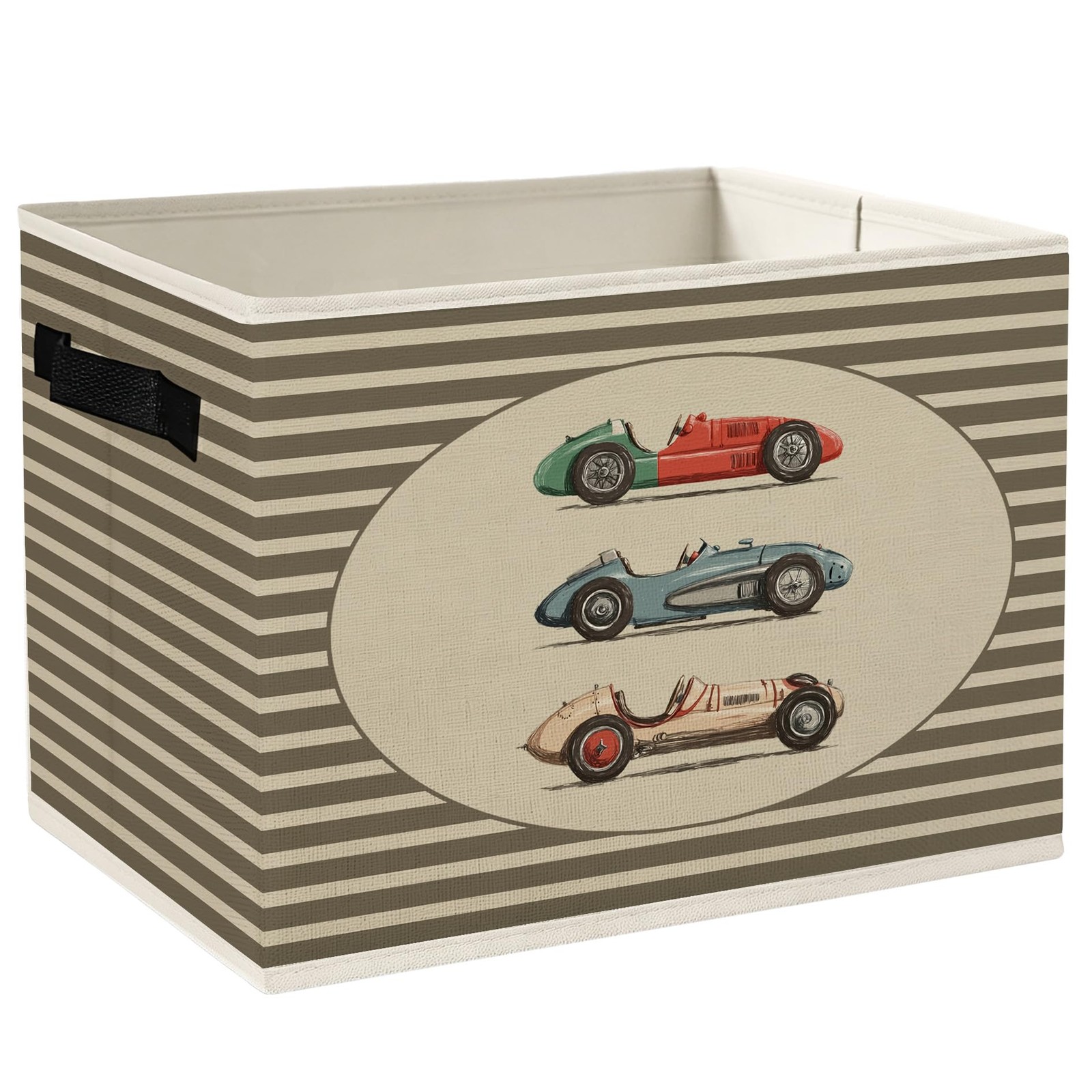 Vintage Race Car Boy Nursery Storage Bins Box with Handles, Neutral Striped R...