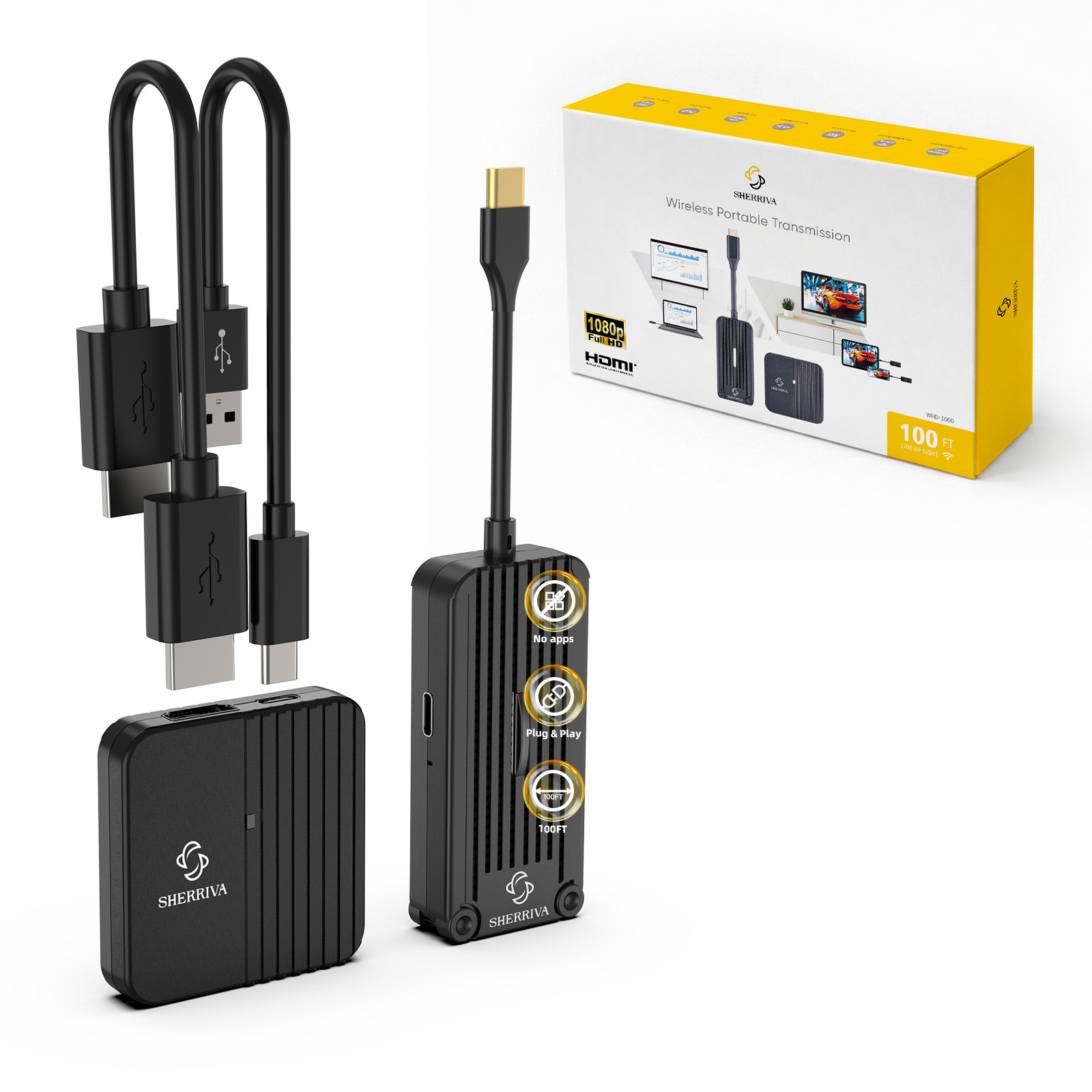 100FT Range USB-C Wireless HDMI Transmitter and Receiver Plug & Play 1080P@60Hz