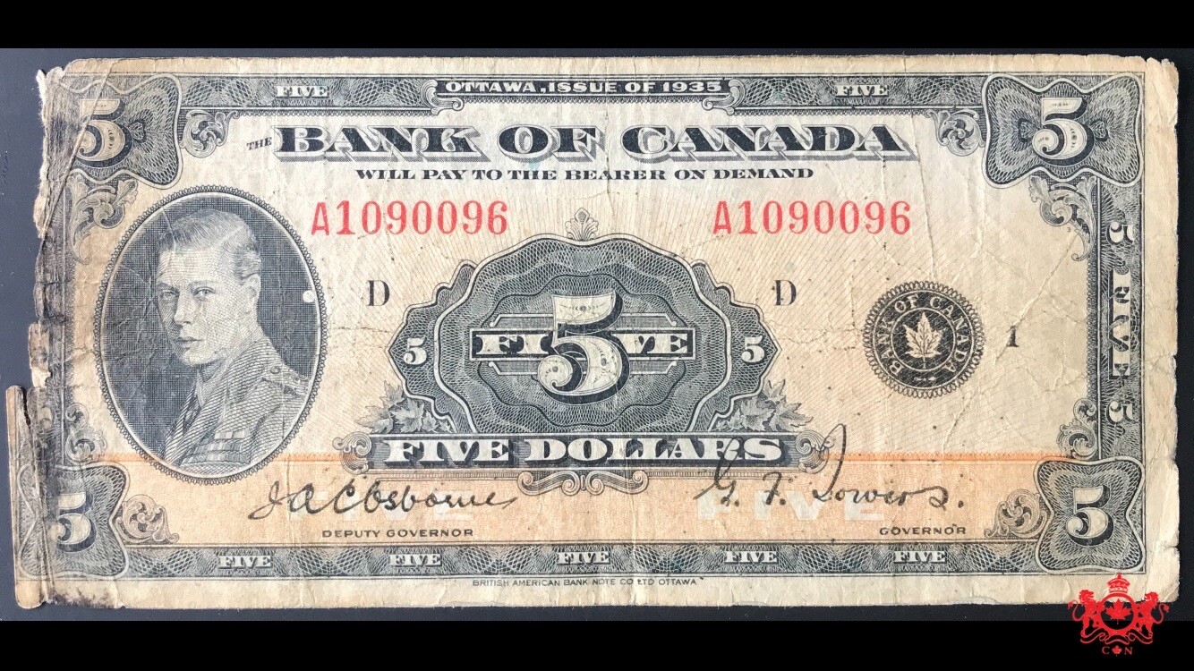 1935 Bank Of Canada 5$ English A1090096 - Fine - Damages B.V 300$