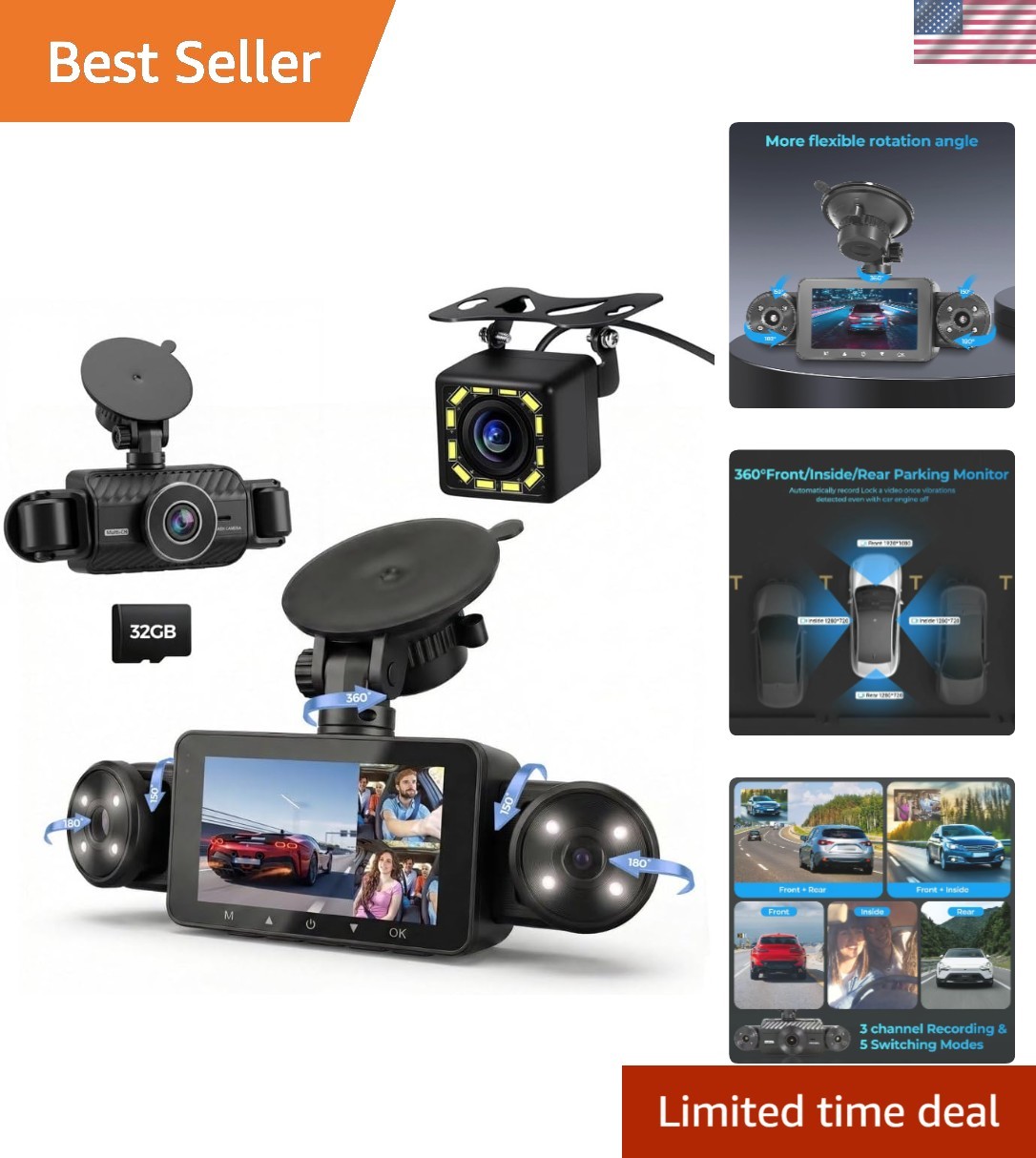 360° View 4 Channel Dash Cam, Super Night Vision, Free 32GB Card – Easy Install