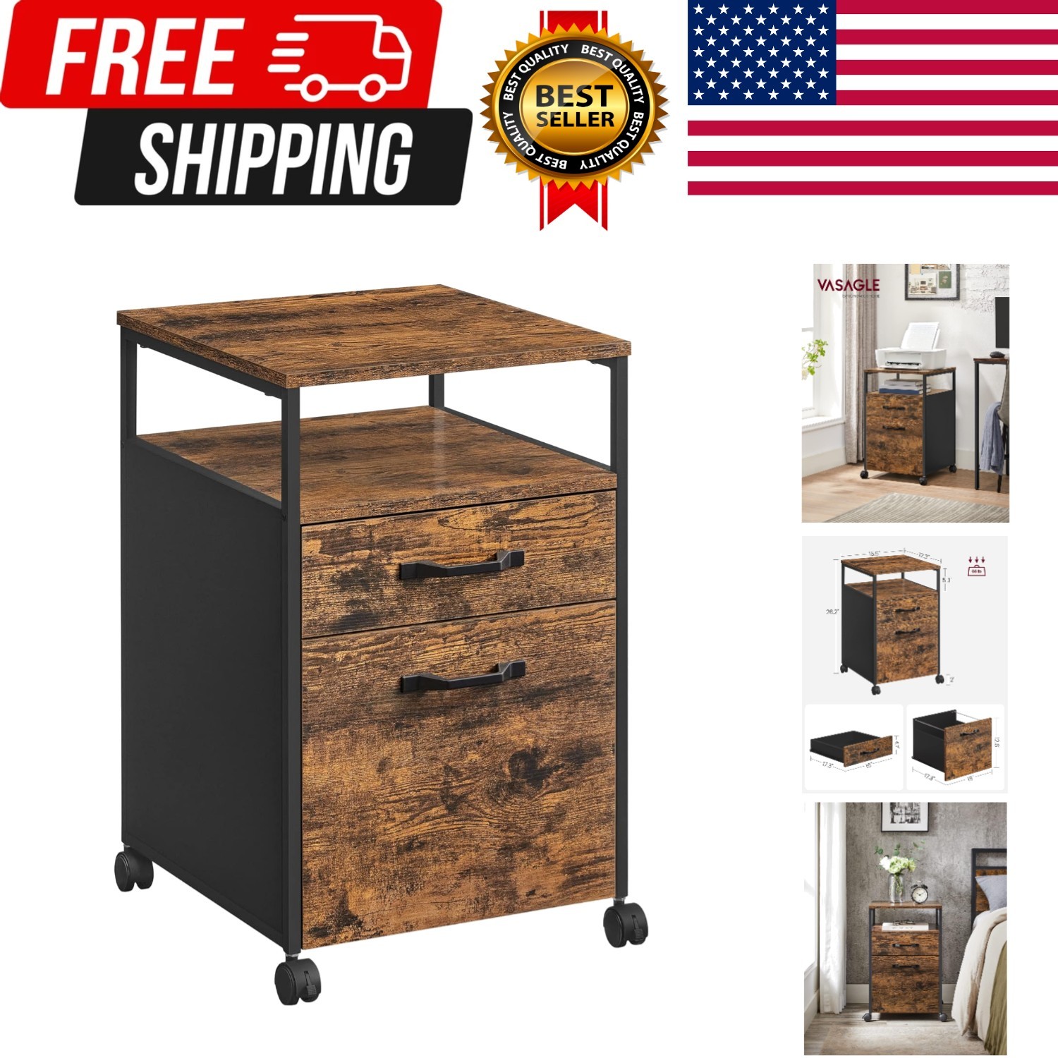 File Cabinet, Mobile Filing Cabinet with Wheels, 2 Drawers, Open Shelf, for A...