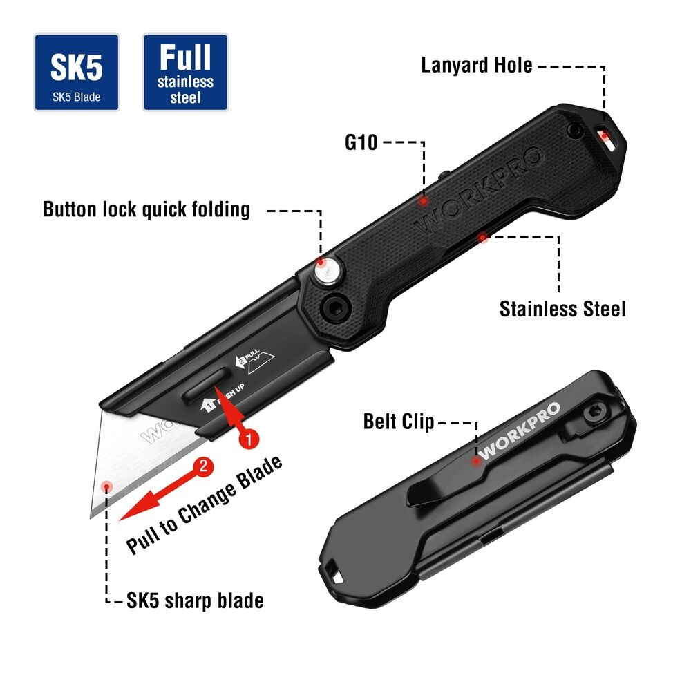 WORKPRO Mini Folding Utility Knife Box Cutter Quick Open Axis Lock Belt Clip USA