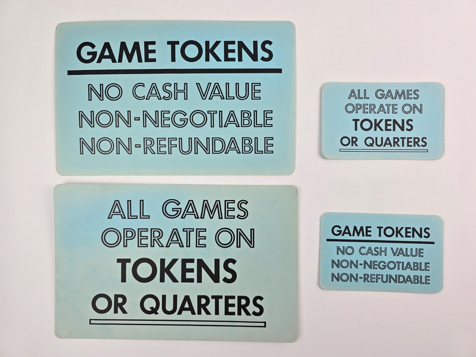 Lot of 4 Vintage Arcade Blue Cardboard Signs Game Tokens No Cash Value 1980's