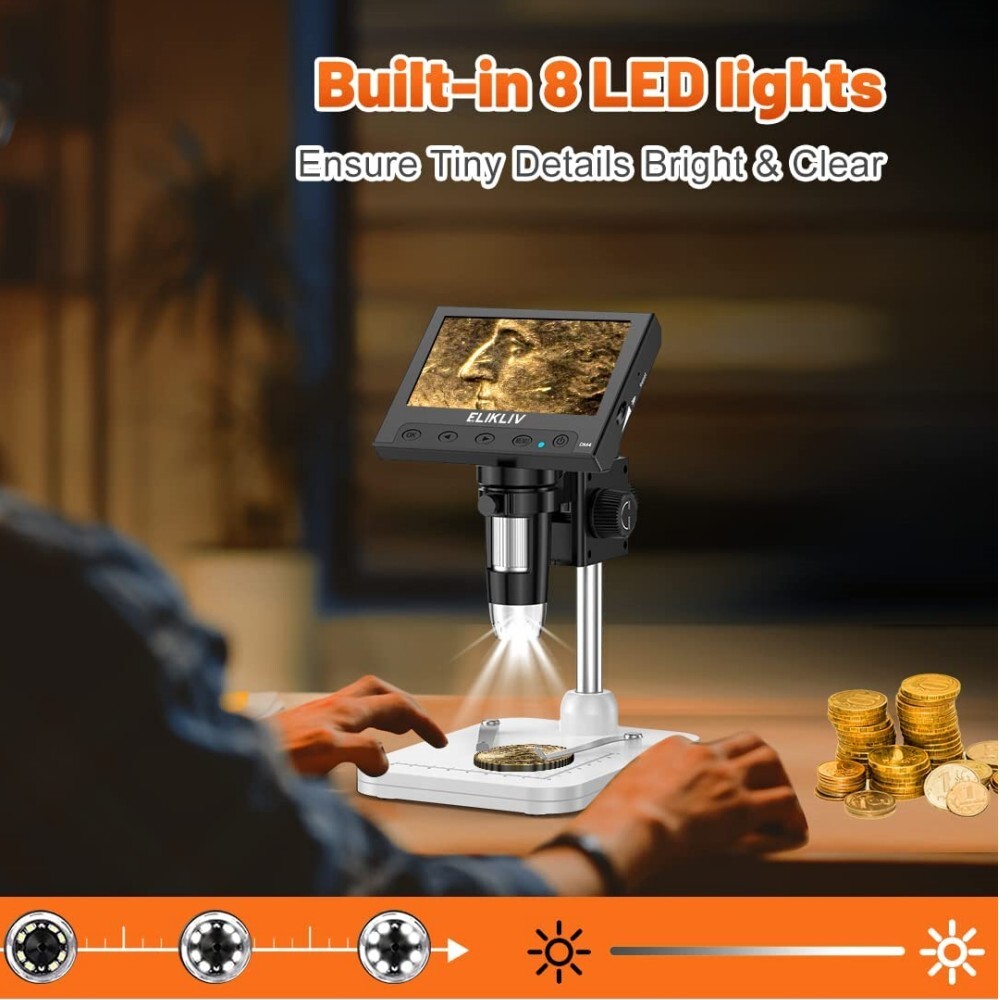 Elikliv Coin Microscope 1000X 4.3'' LCD Digital Microscope with Screen USB HD