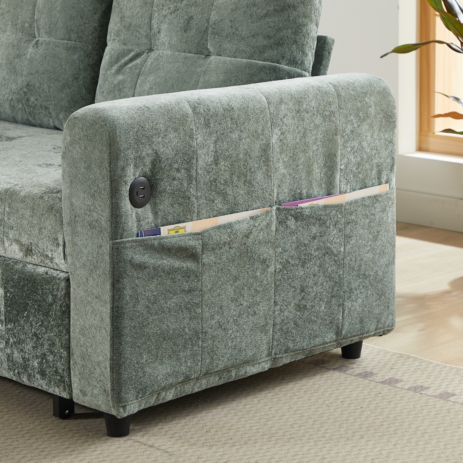 Chenille Sleeper Sofa Bed Loveseat Convertible with Pull Out Bed & USB Port