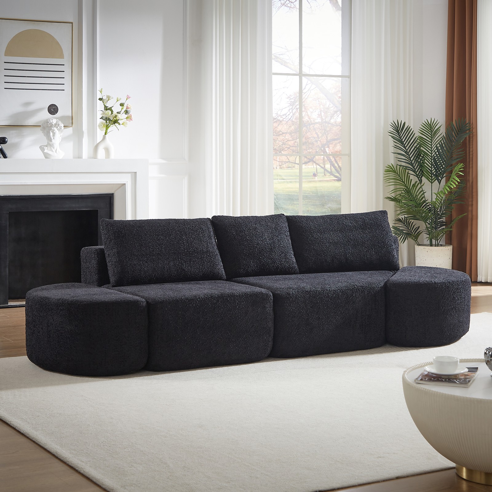 106.3-inch V-shaped modular sofa set in chenille fabric, featuring three throw p