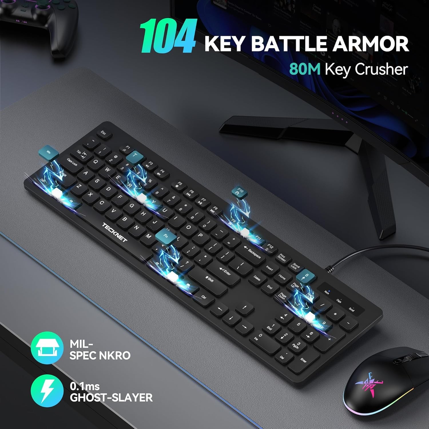 Quiet Full-Size USB Keyboard – Silent Membrane, 104 Keys