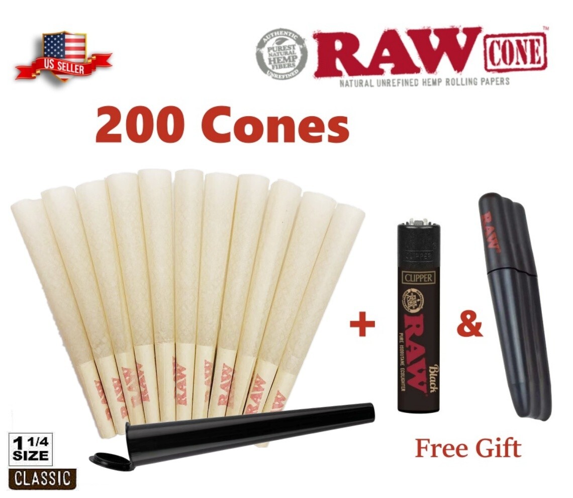 Authentic RAW Organic 1 1/4 Size Pre-Rolled Cones 200 Pack & Clipper & Tree case