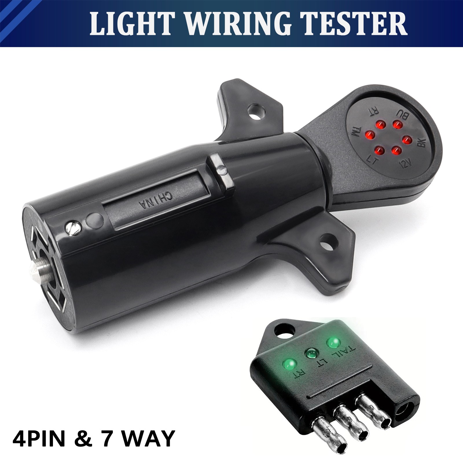 7 Way 4 Pin Flat Round RV Blade Trailer Wiring Tester Light Connector Test Plug
