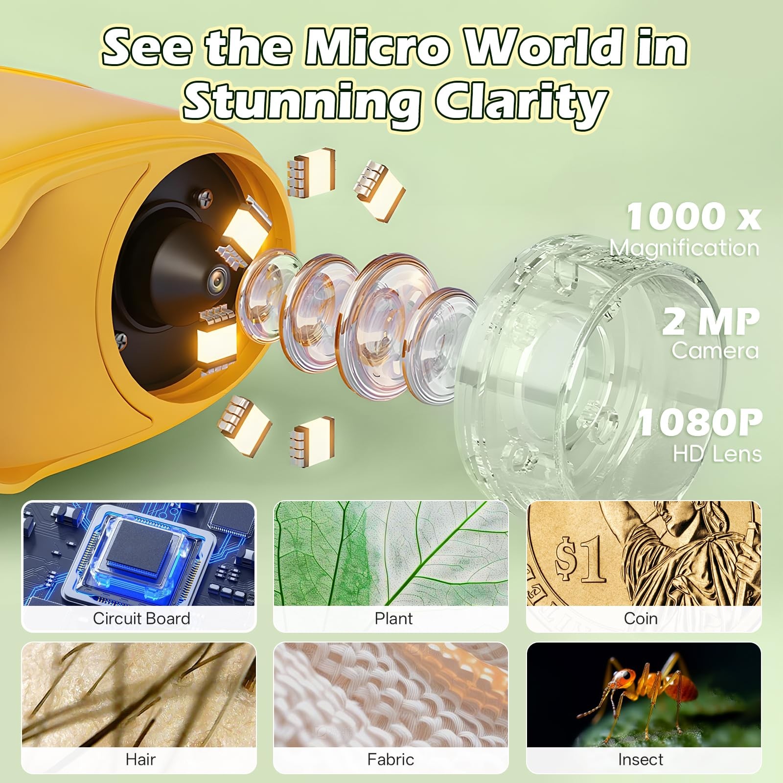 Microscope for Kids 1000X Digital, Handheld HD Yellow