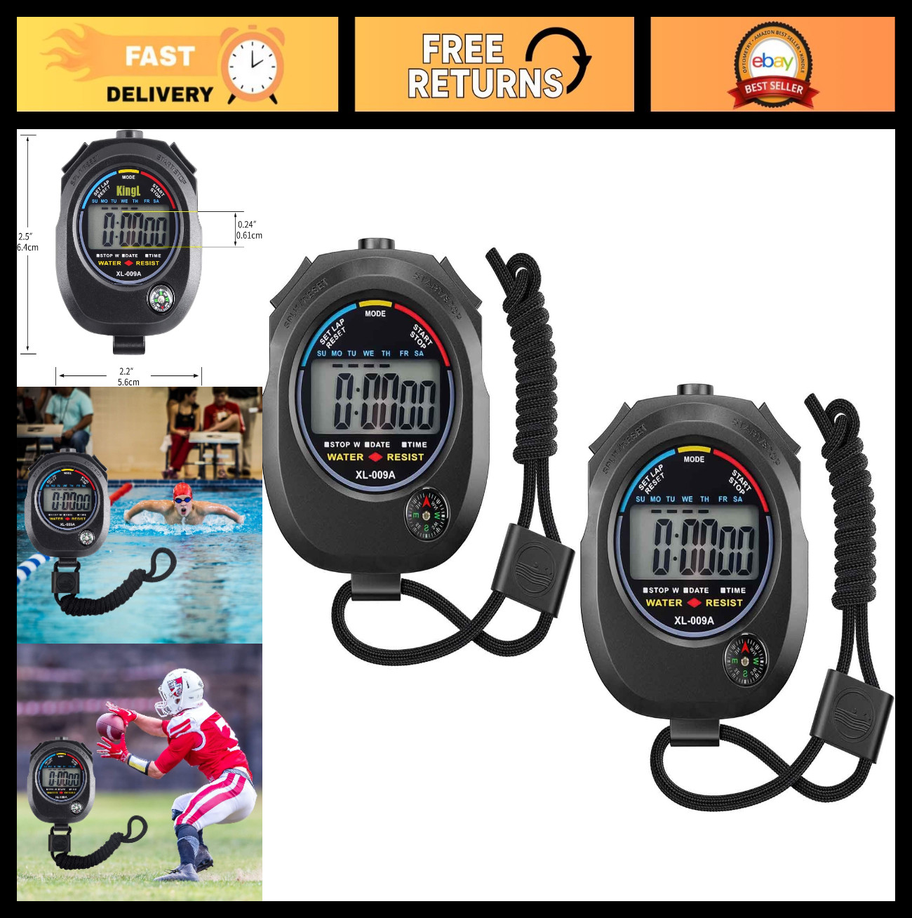 2 Pack Digital Stopwatch Timer - Large Display Multi-Function Sports Stopwatch f