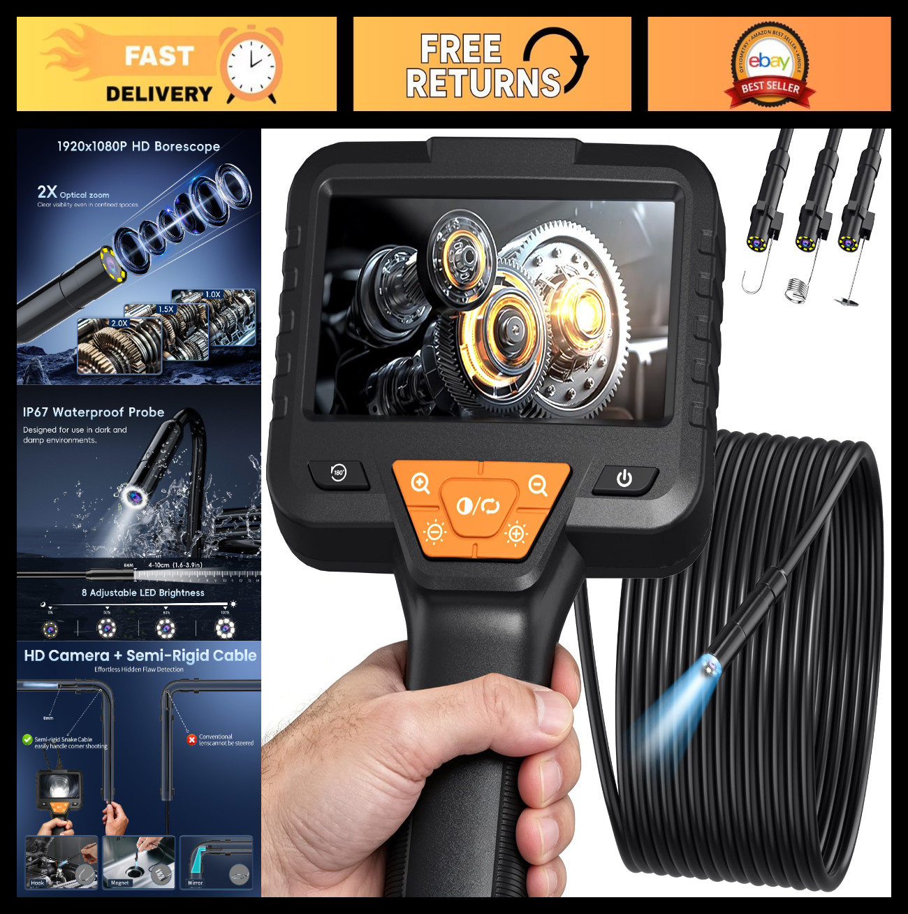 32.8FT Waterproof Endoscope Camera - 1080P HD Inspection Borescope with 4.3" Scr