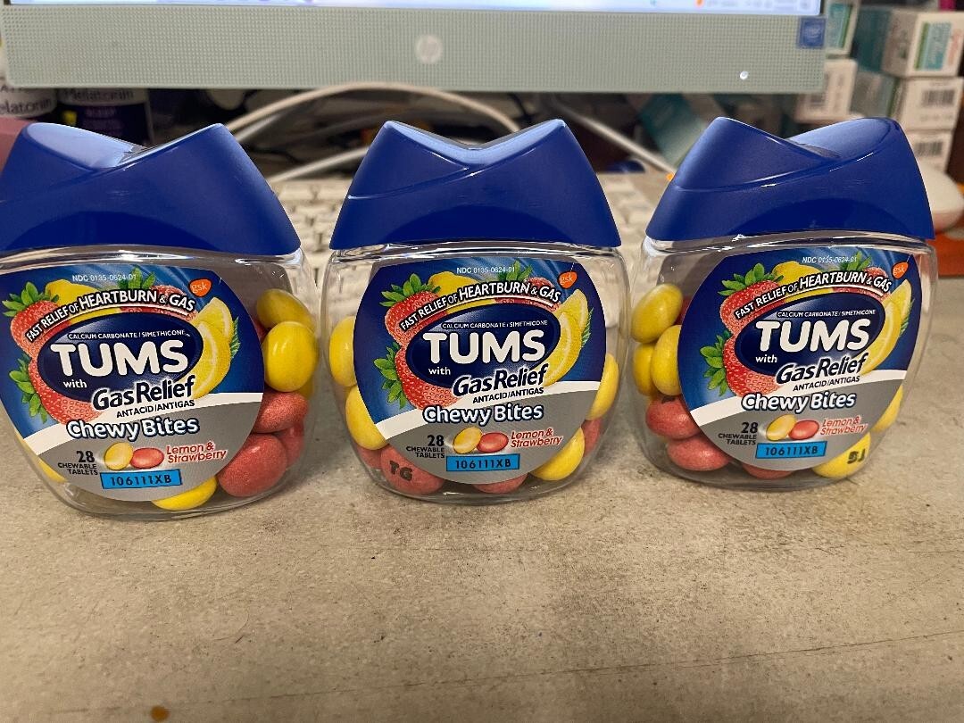 3 TUMS Chewy Bites Chewable Antacid Tablets with Gas Relief Lemon & Strawberry