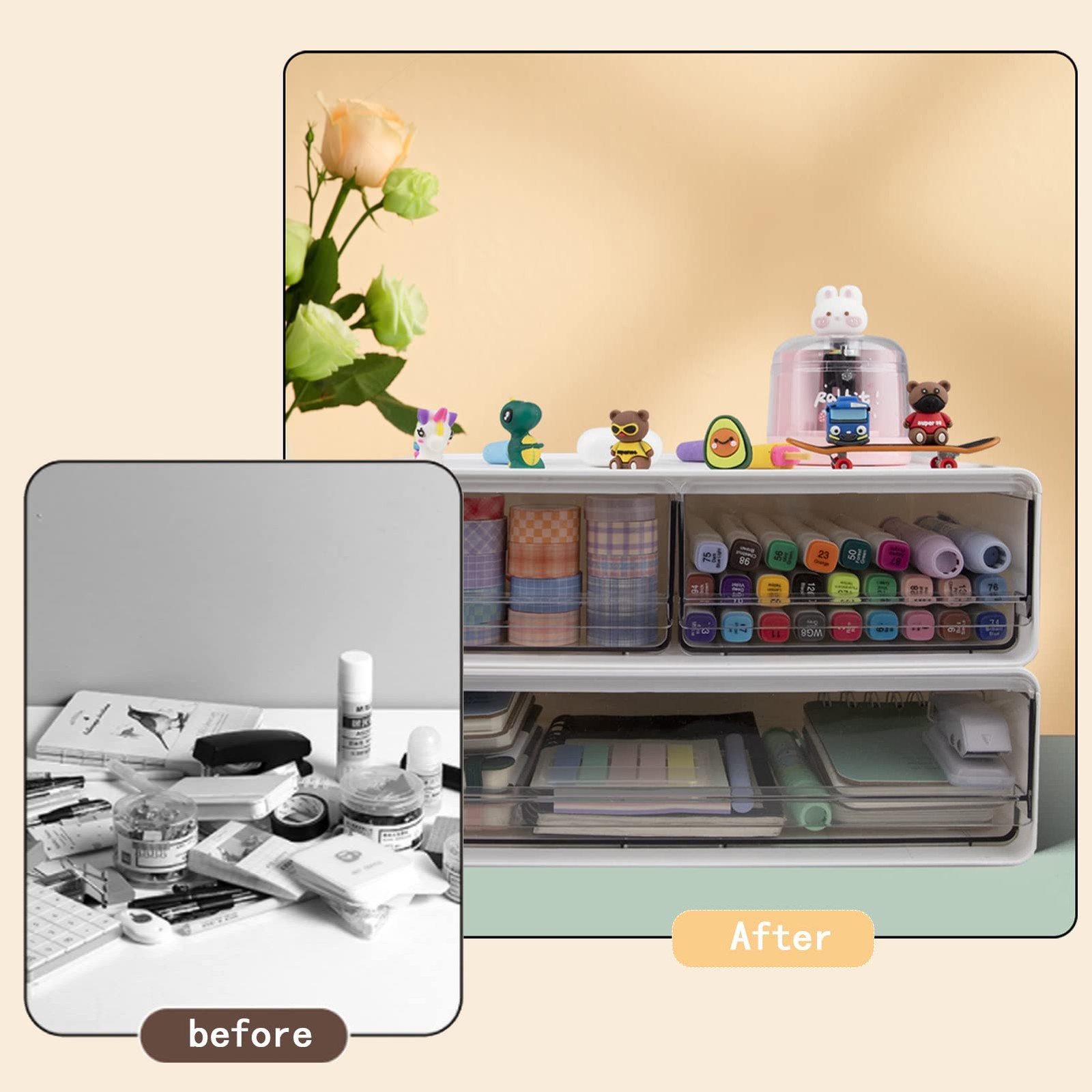 2 Packs Large Stackable Desk Organizer Drawers, Plastic Desk Storage Drawers,...