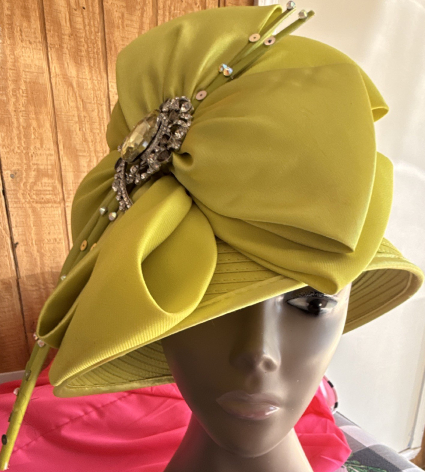 W Hittall Fashion Yellow Bow Rhinestone Women's Church Dress Hat One Size