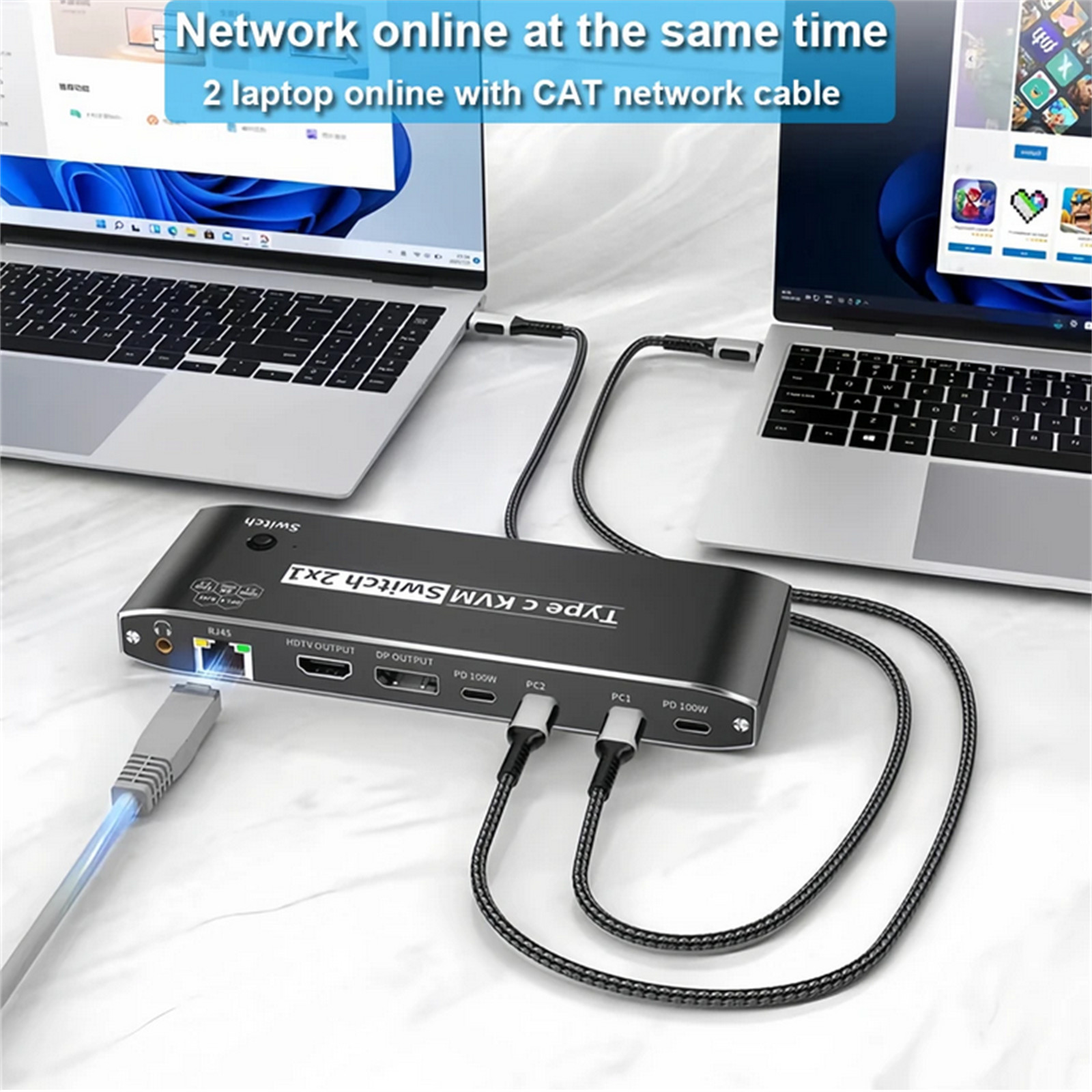 2x1 8K USB C KVM Switch RJ45 100W PD Charge Type C KVM Switch Accessories