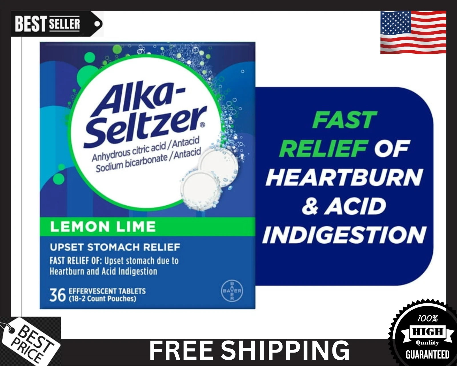 Alka-Seltzer Effervescent Heartburn Relief Tablets, Lemon Lime, 36 ct