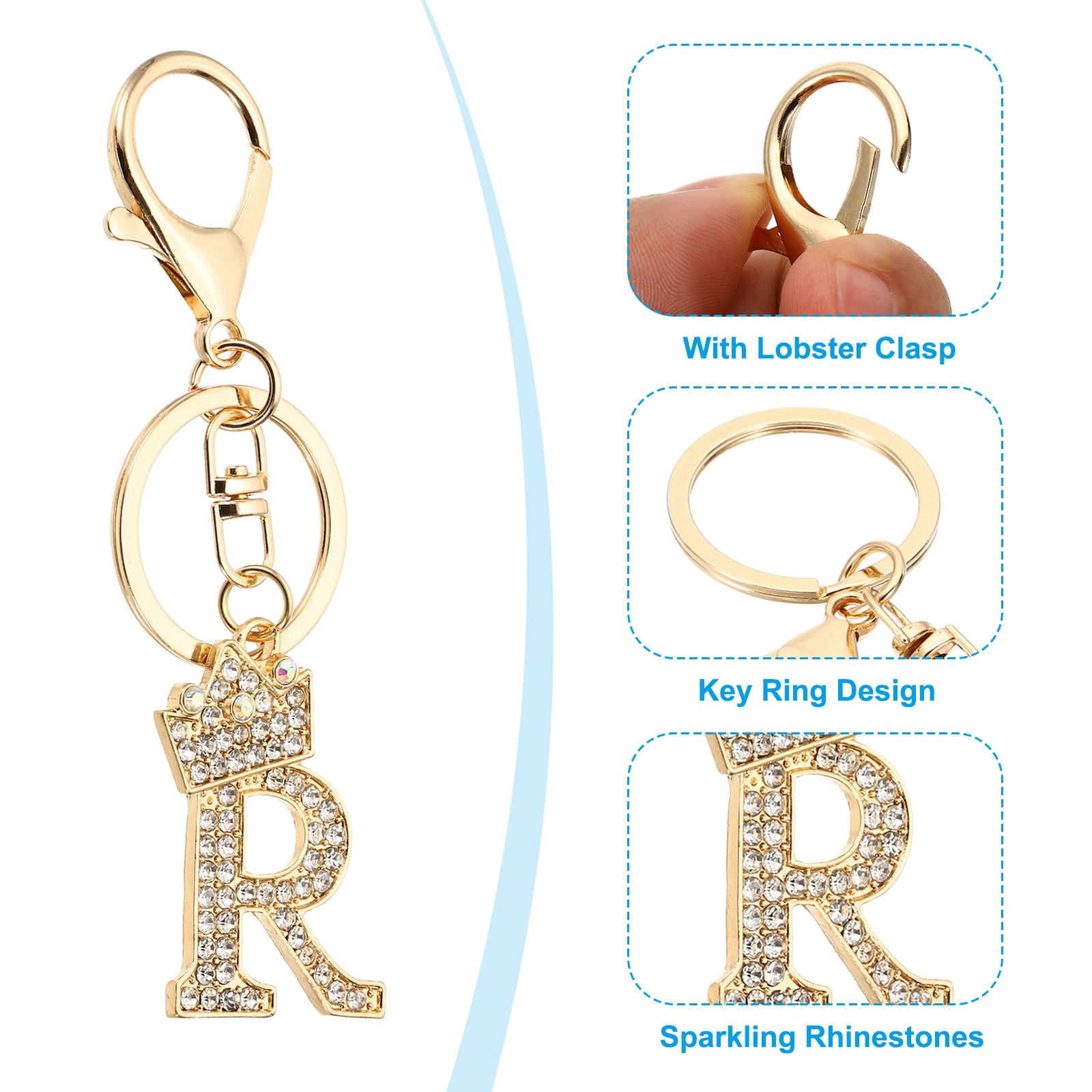 Initial Letter Keychain, 2 Pcs Letter R Crown Design Charm, Gold/Silver