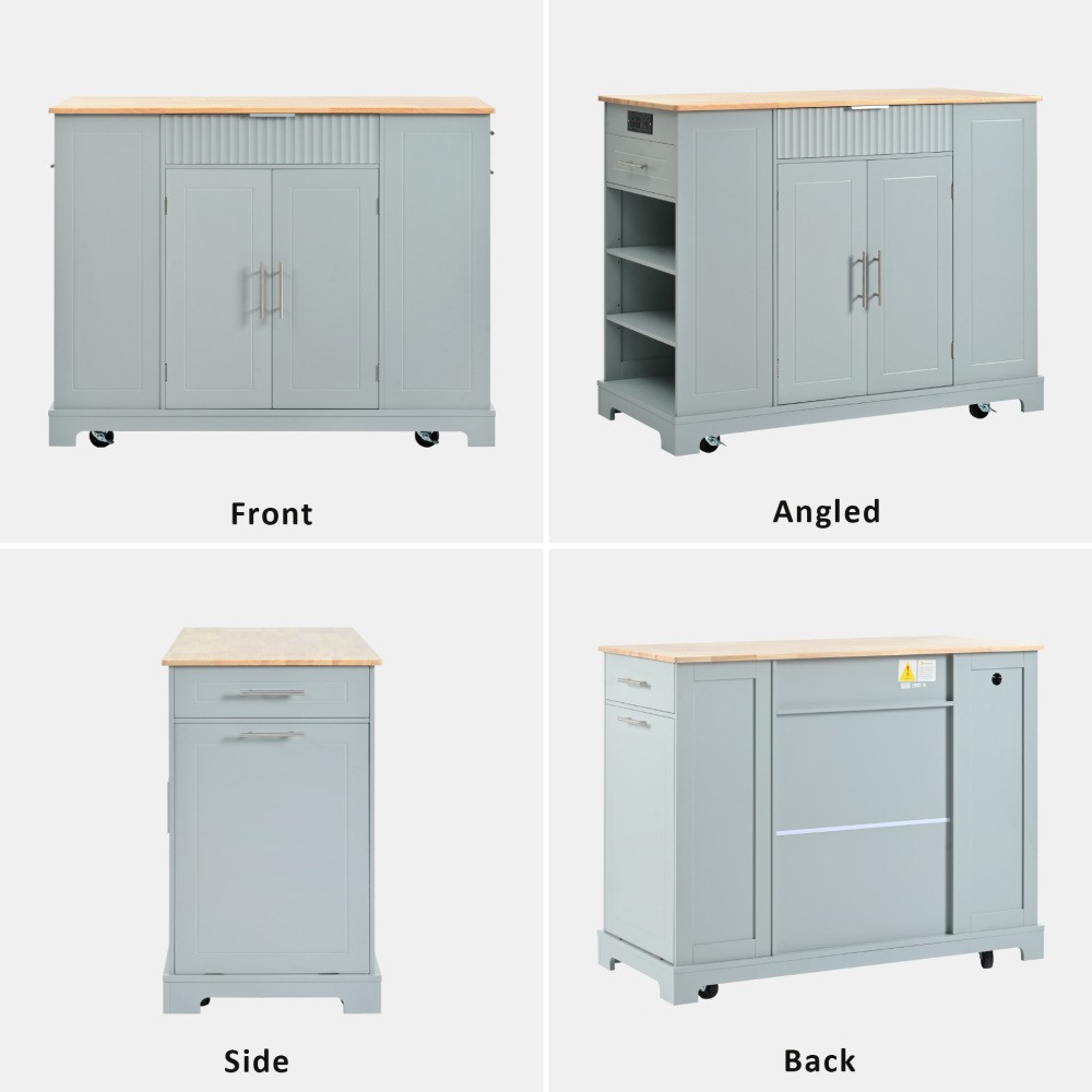 K&K Fluted Kitchen Island with Trash Can Storage Cabinet, Power Outlet