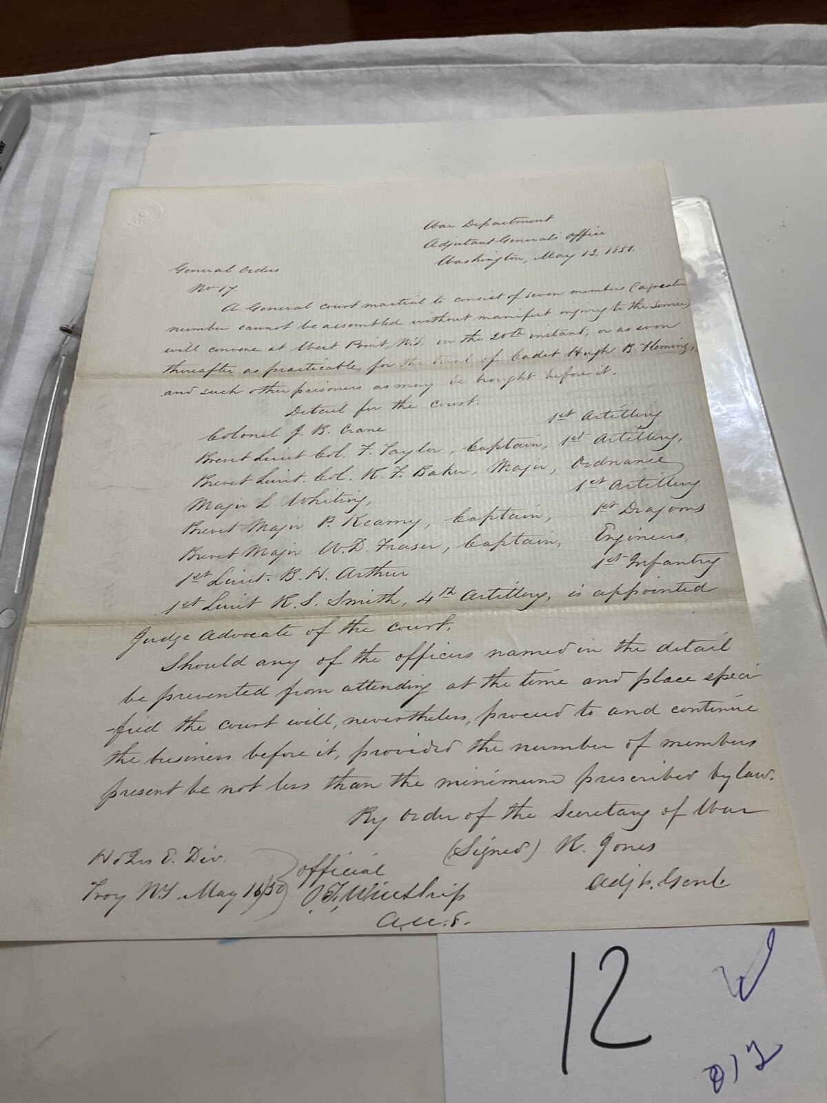 US Army Maj P Kearny 1st Dragoon Duty Court Martial Gen Order 1850 USMA Hero #12