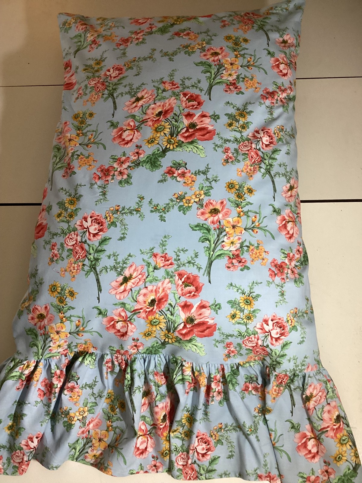 HANDMADE Blue Floral Pillow Case/Cover with or without ruffle